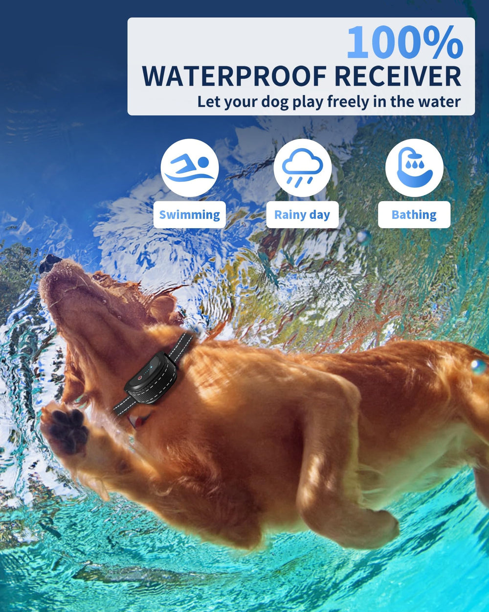 WUJ dog training collar provides beep, vibration, shock, and flashlight cues.