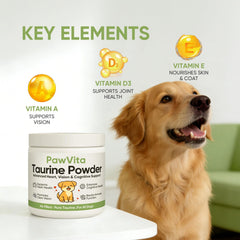 Pouring PawVita Taurine Powder into a dog bowl during breakfast.