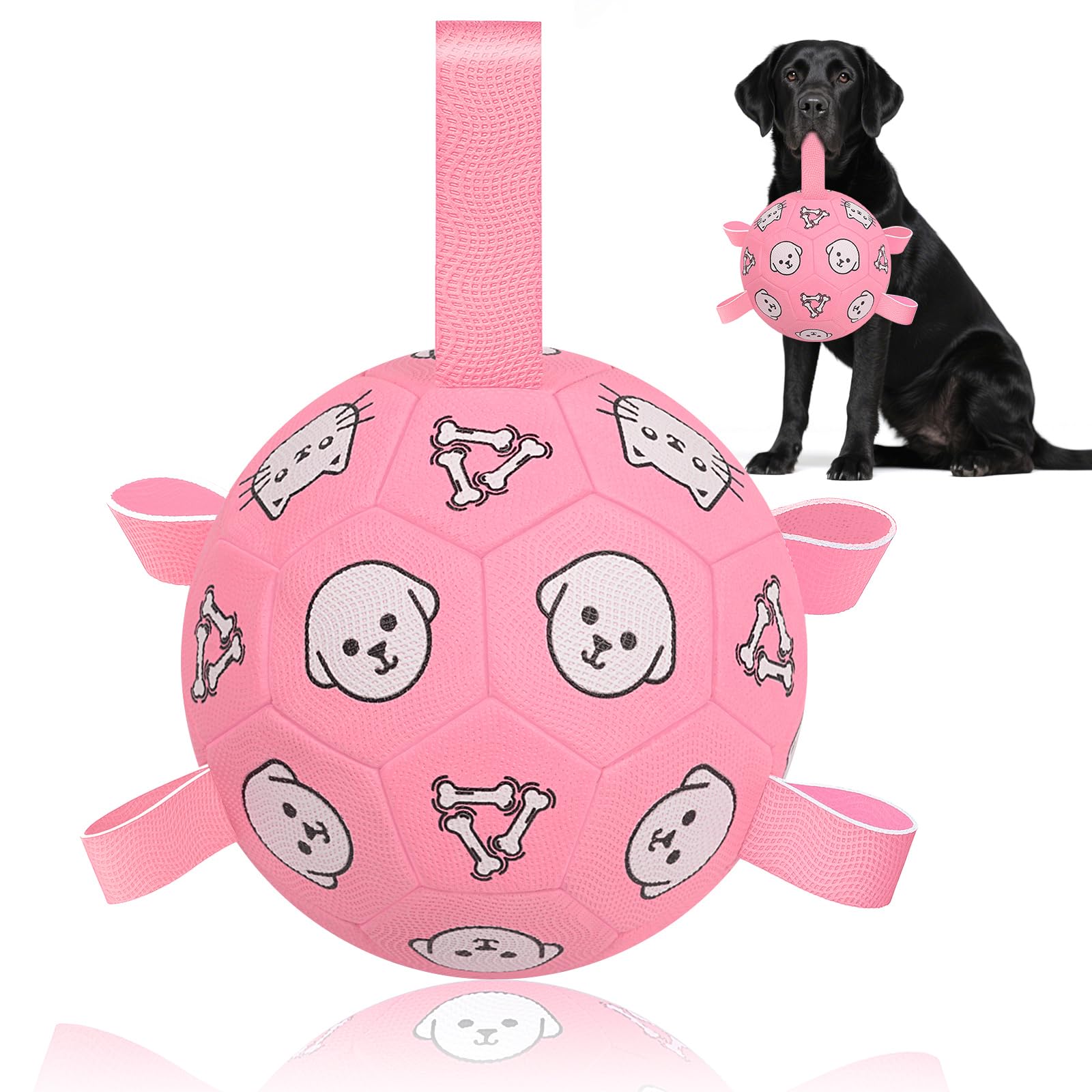 WYNTRIUM dog soccer ball with straps close-up shows durable stitching for rough play.