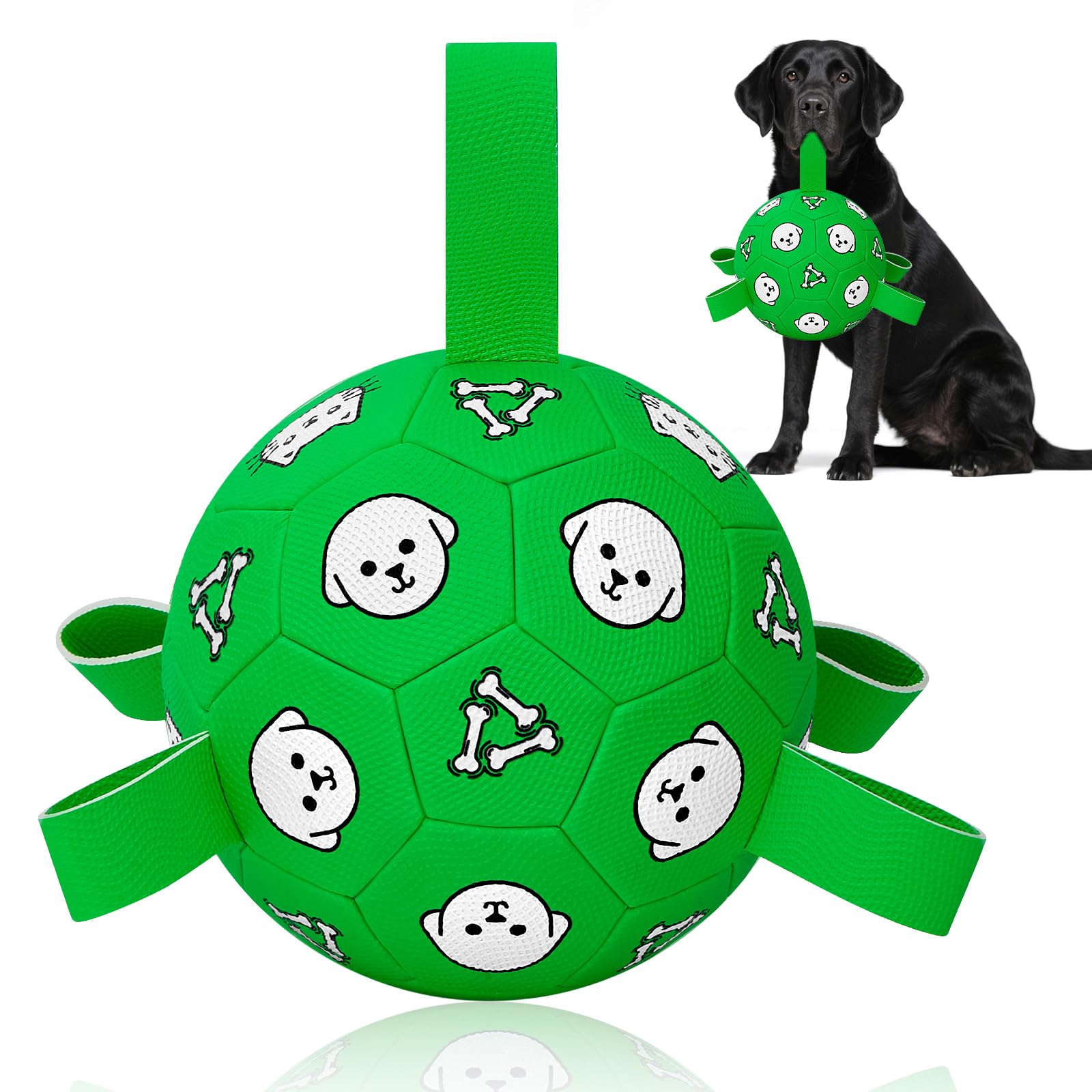WYNTRIUM dog soccer ball with straps, front view, easy carry for fetch and tug