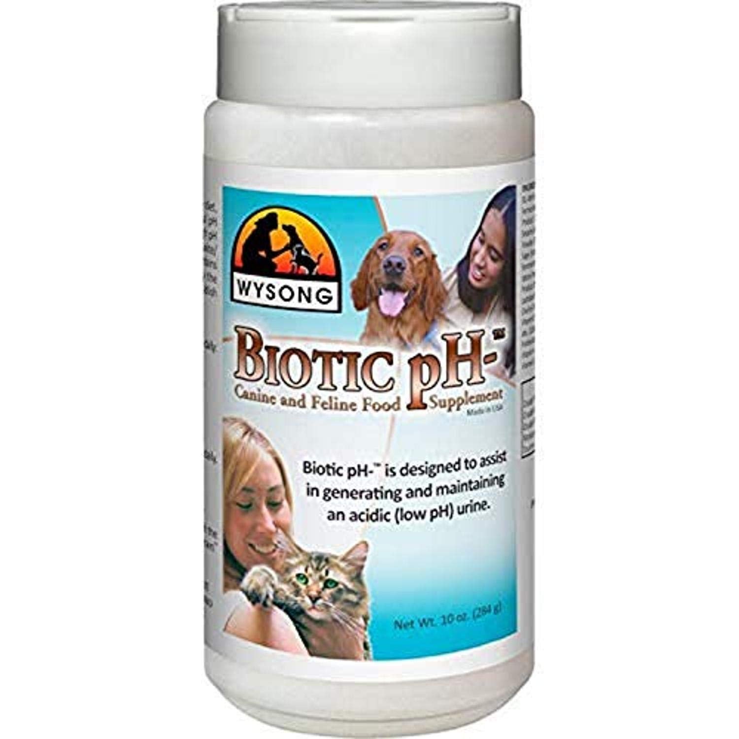 Wysong Biotic pH- bottle beside pet food supporting urinary balance for dogs and cats