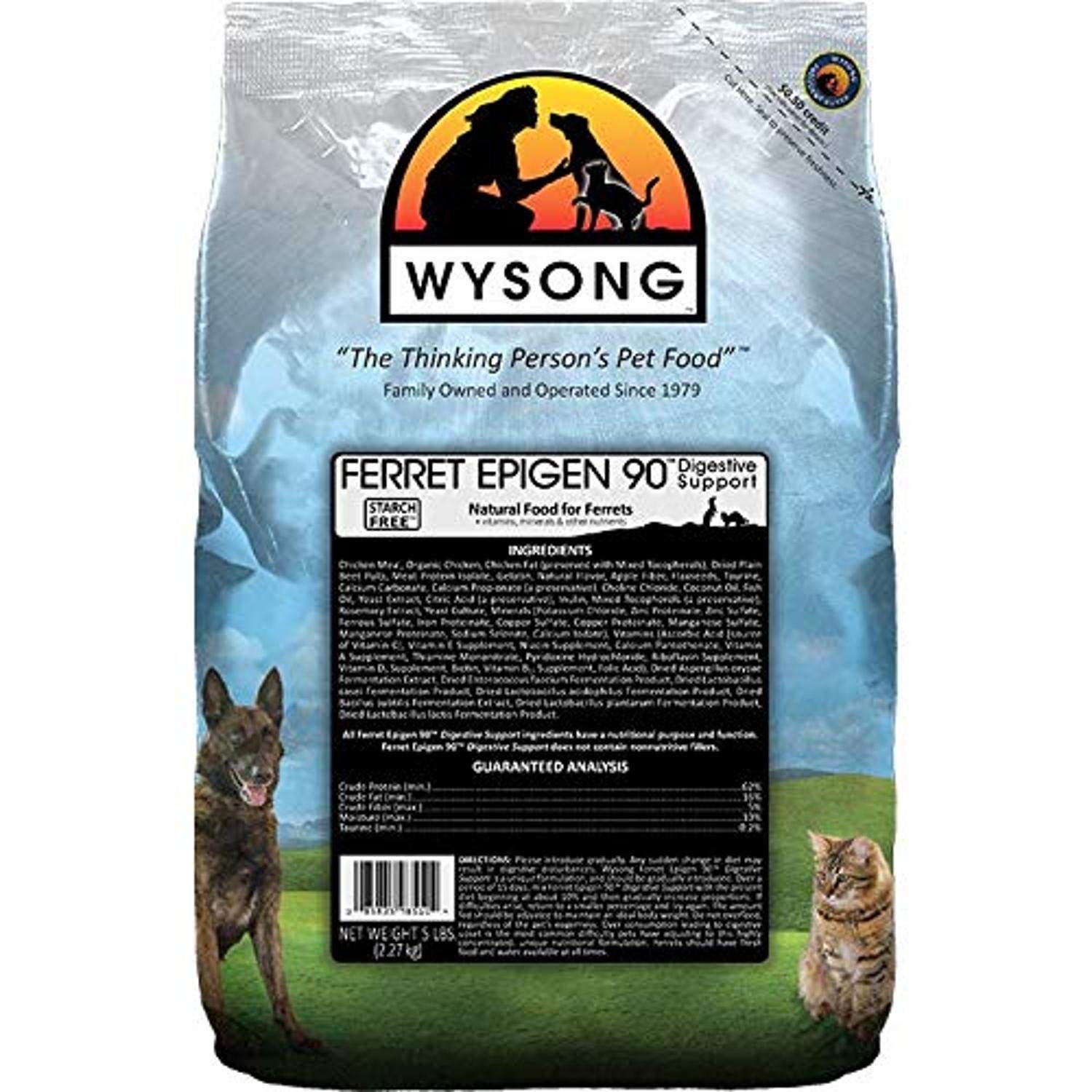 Wysong Ferret Epigen 90 Digestive Support bag showing protein-rich ferret food for digestive health