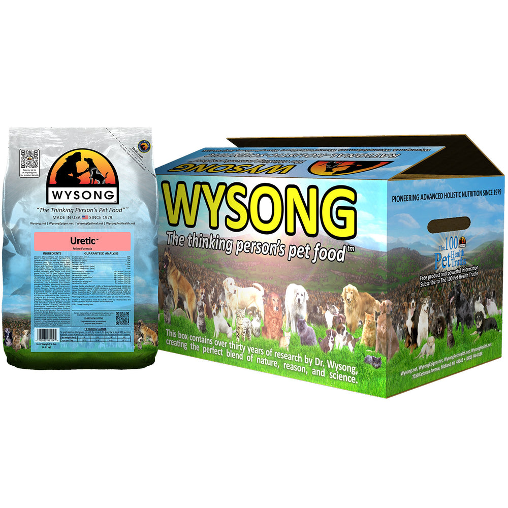 Wysong Uretic dry cat food bag front view highlights protein-rich formula for urinary support