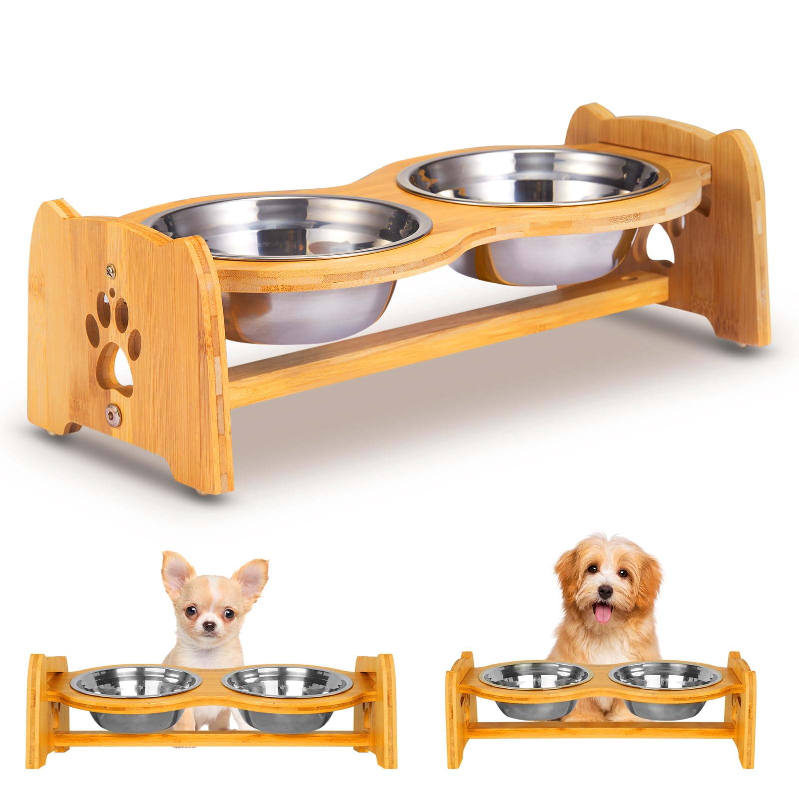 X-ZONE PET elevated bamboo feeder shown with stable, natural design for mealtime.