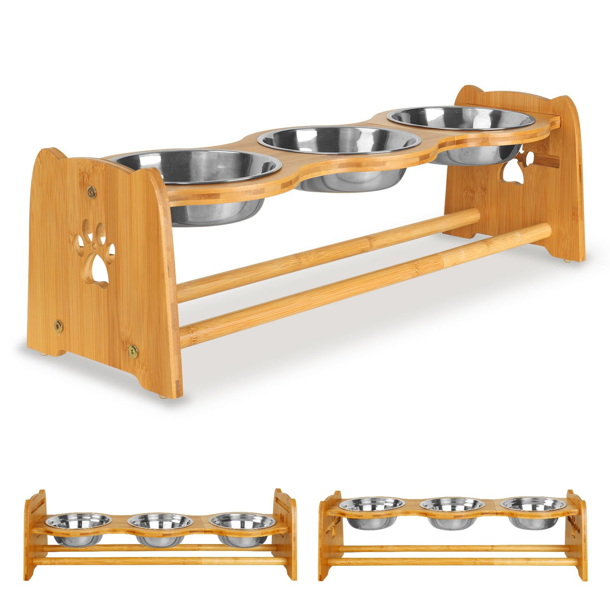 X-ZONE PET elevated bowls side view with stable bamboo stand for steady feeding