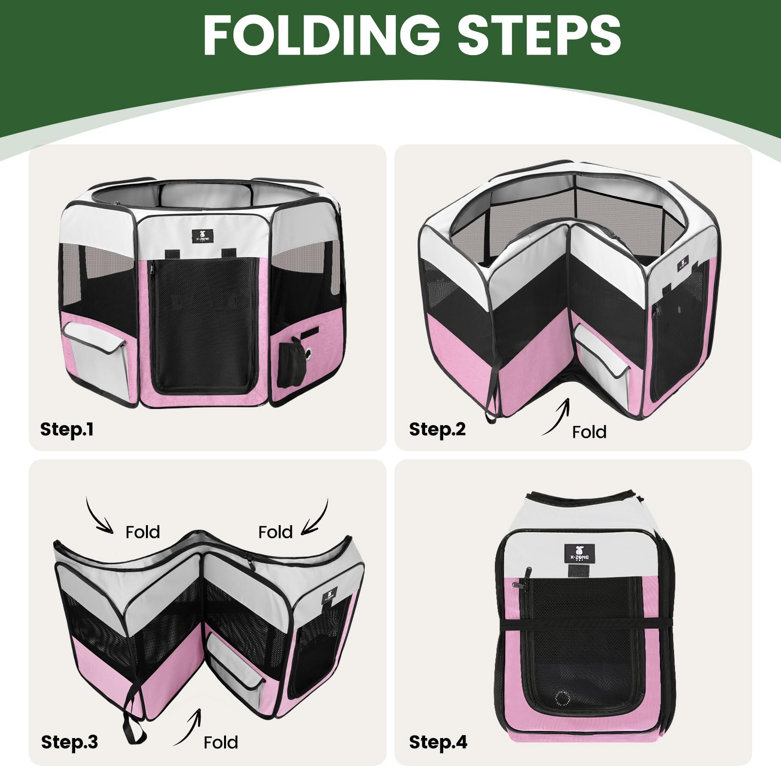 X-ZONE PET pink dog playpen front-door-zipper for convenient access.