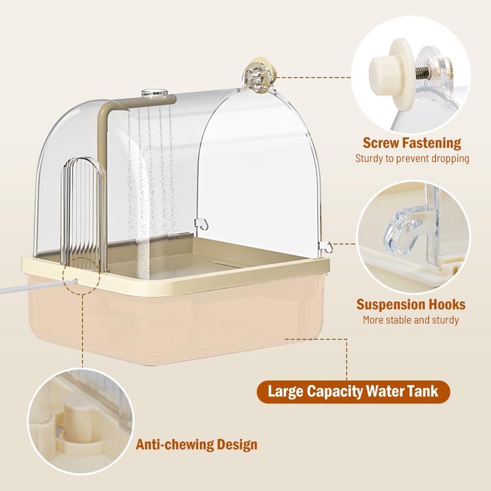 Xamanabu indoor bird shower with running water enhances grooming.