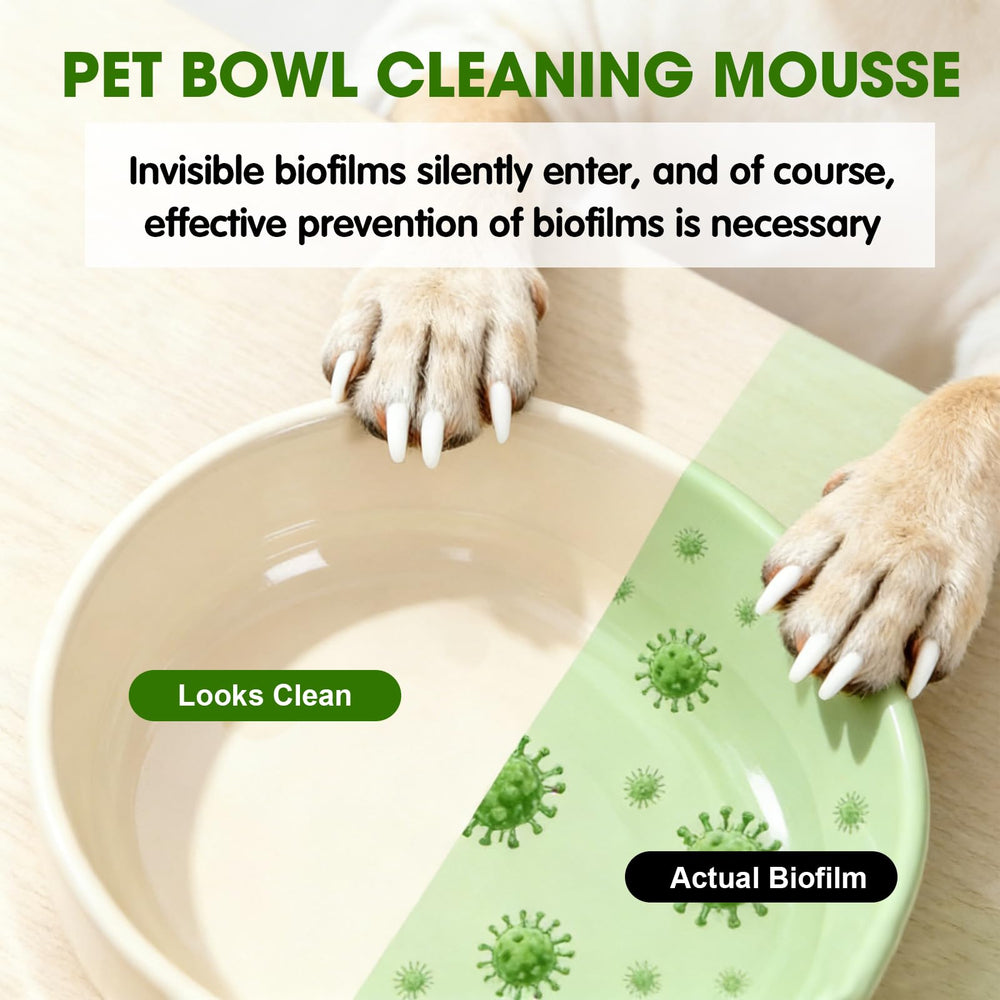 Xaninp cleaner mousse demonstrates multi-surface use on bowls, toys, feeders and fountains