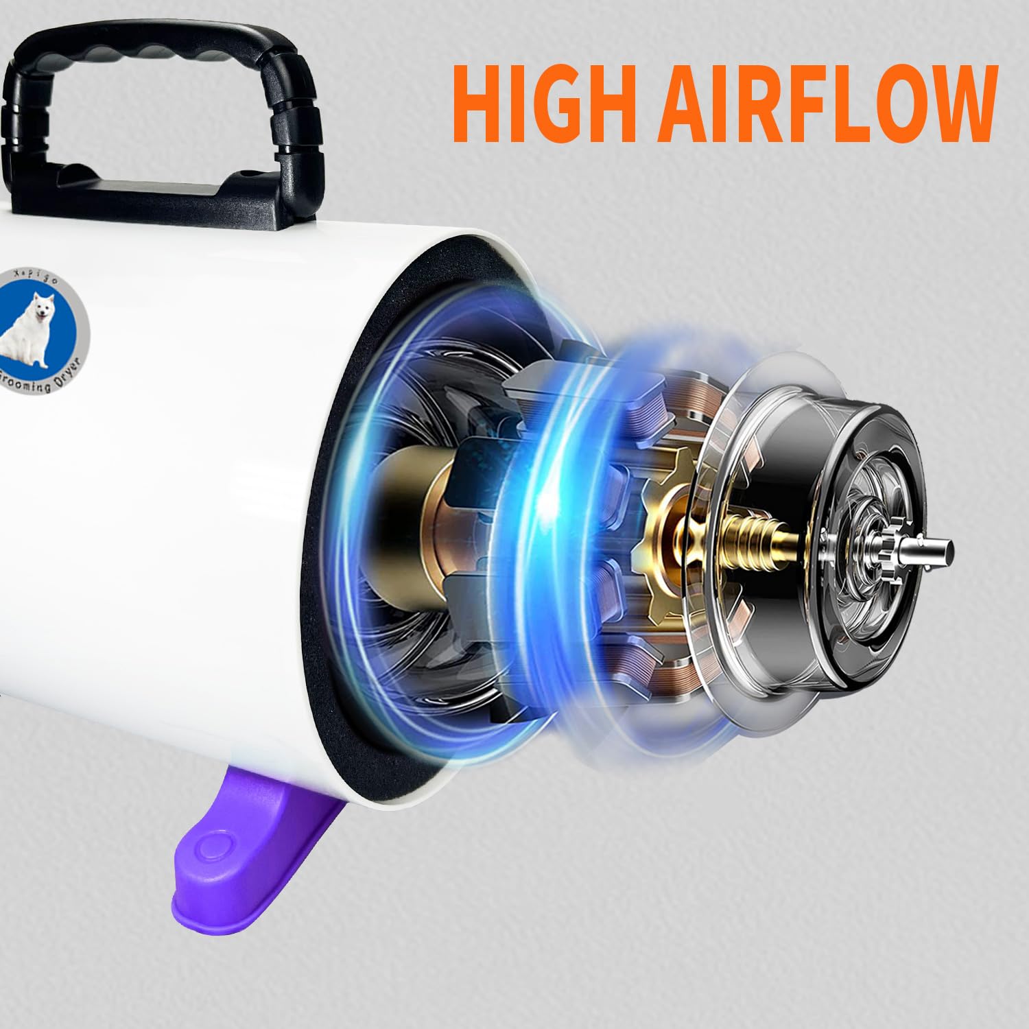 Xapigo Dog Dryer ergonomic handle reduces hand fatigue.