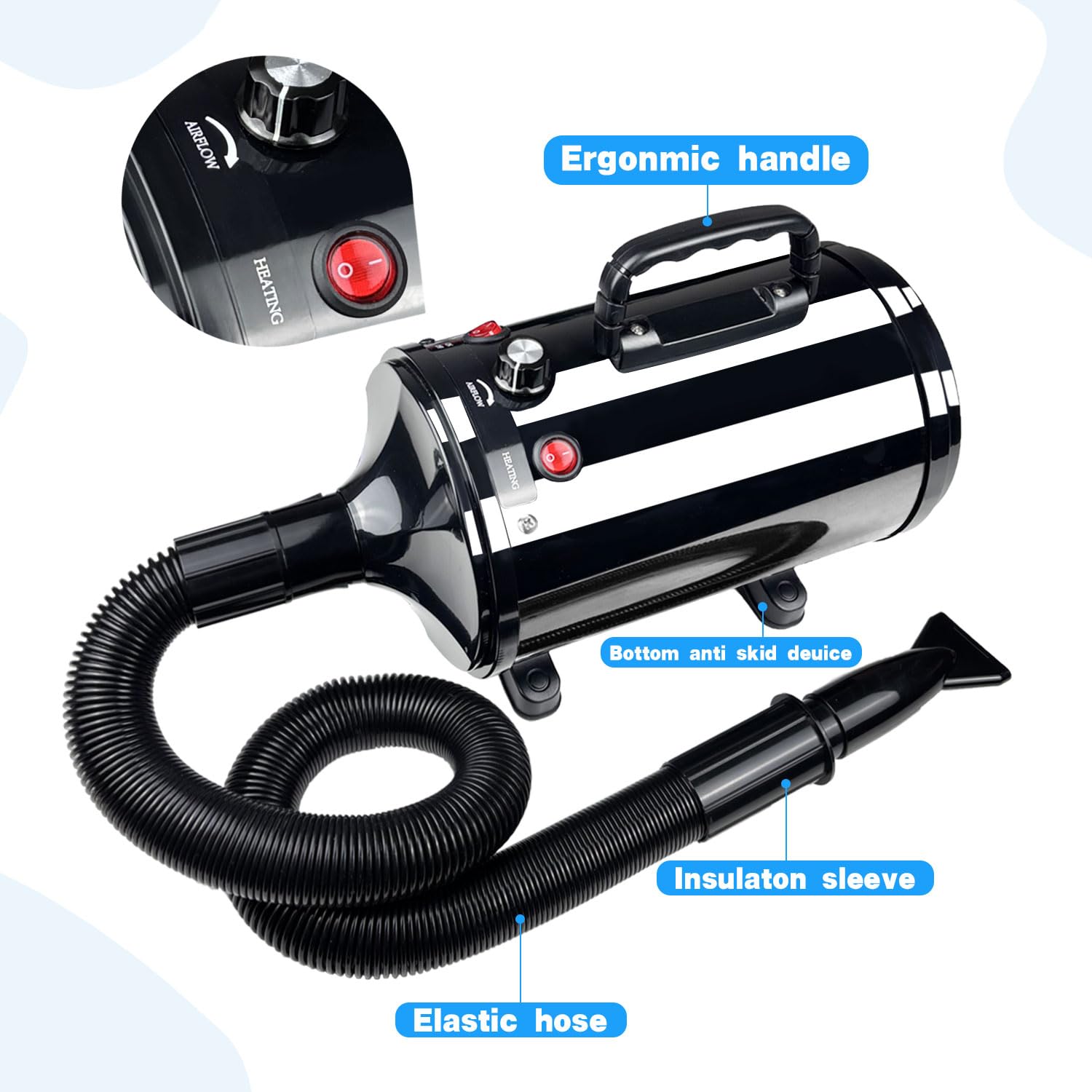 Xapigo Dog Dryer with noise reduction for calmer grooming sessions.