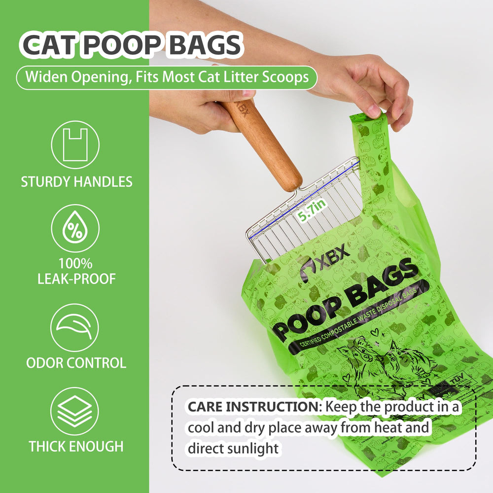 XBX compostable cat poop bags made from corn starch.