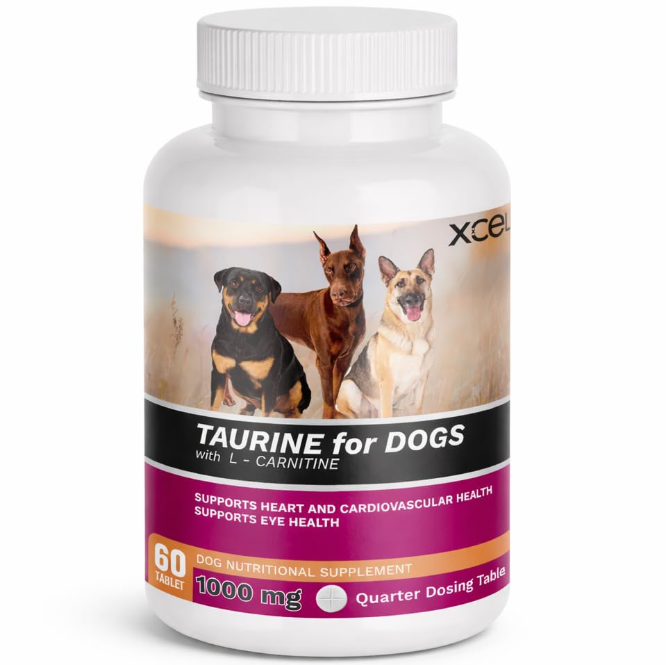 XCEL Taurine for Dogs bottle highlights quarter-scored tablets for precise dosing