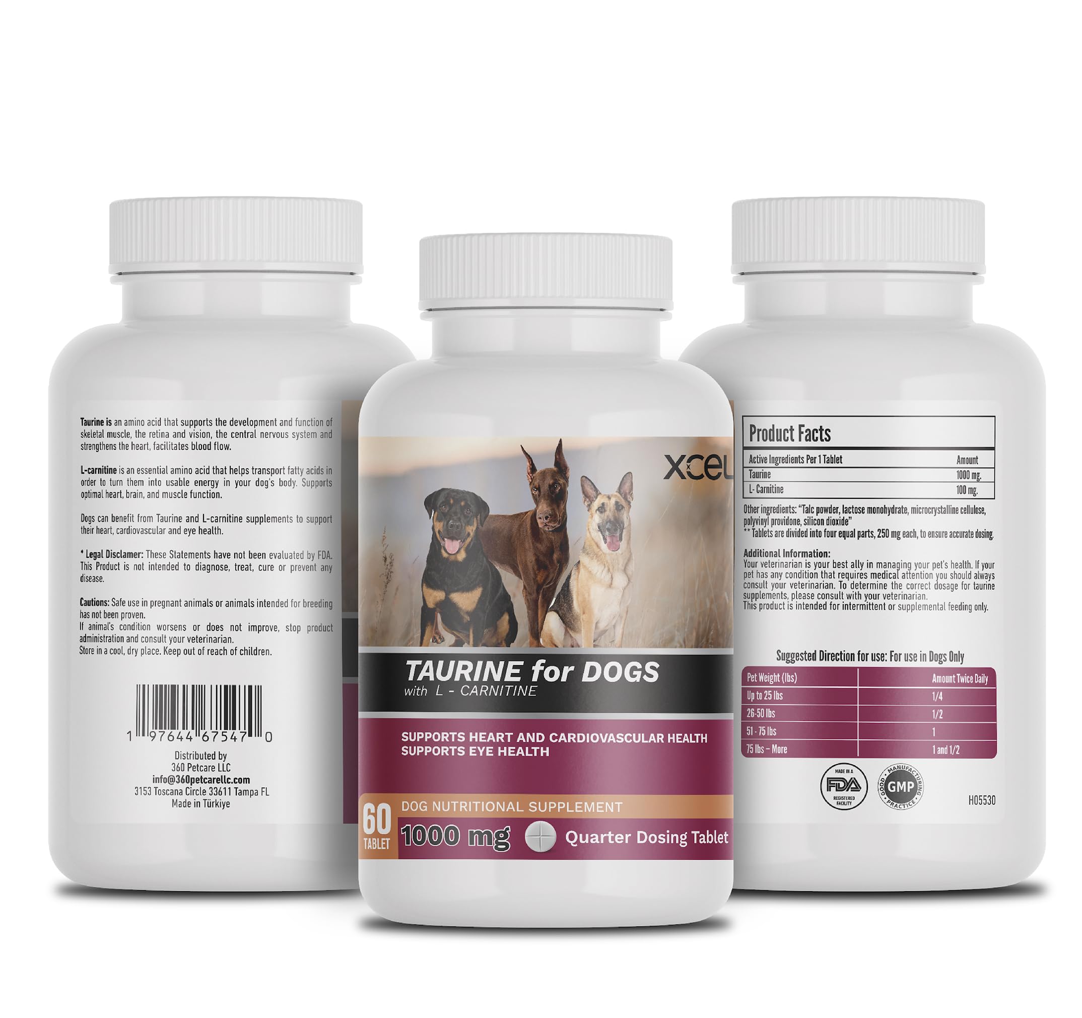 Full bottle view of XCEL Taurine for Dogs packaging