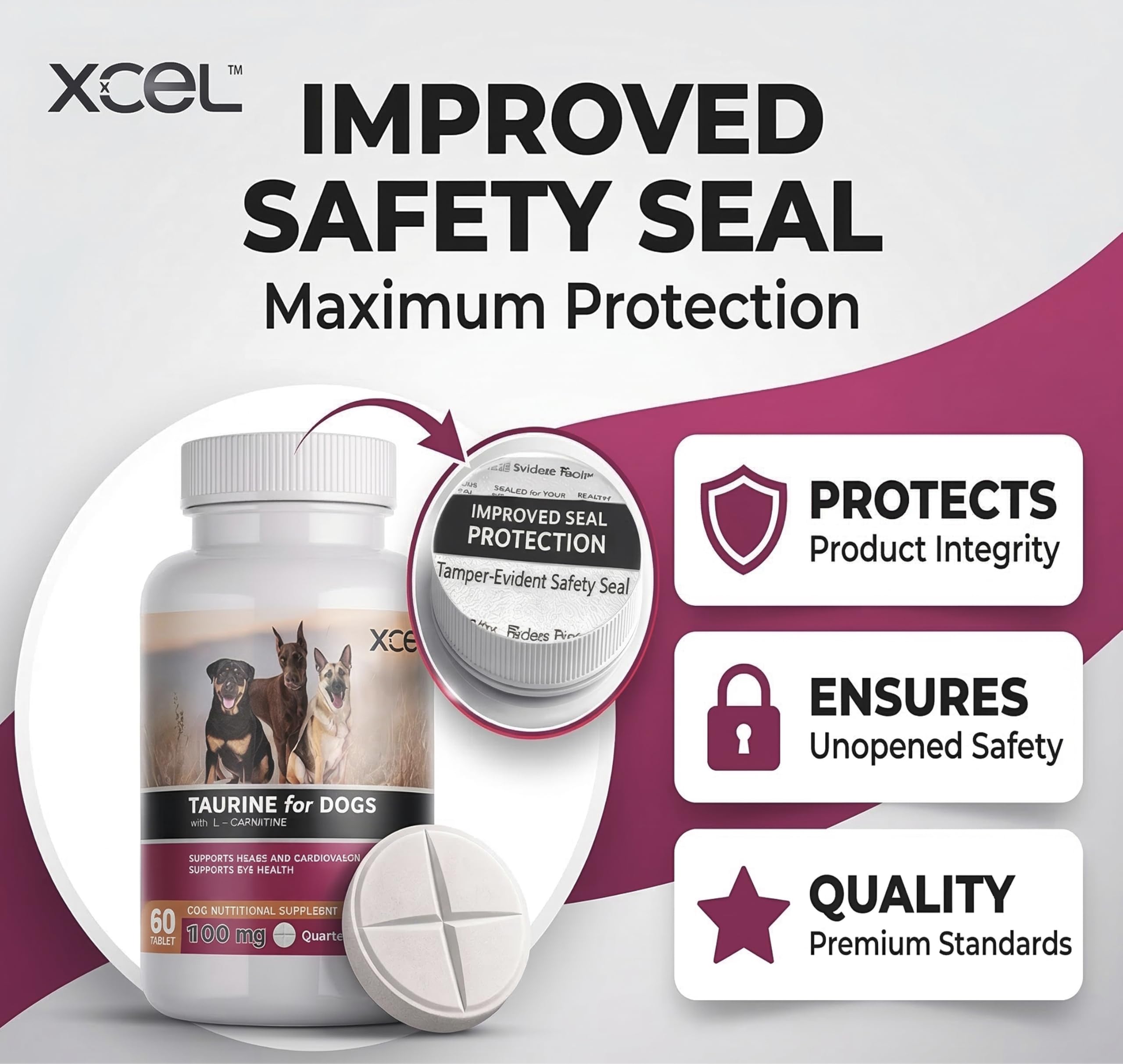 Serving size illustration for XCEL Taurine for Dogs showing flexible dosing