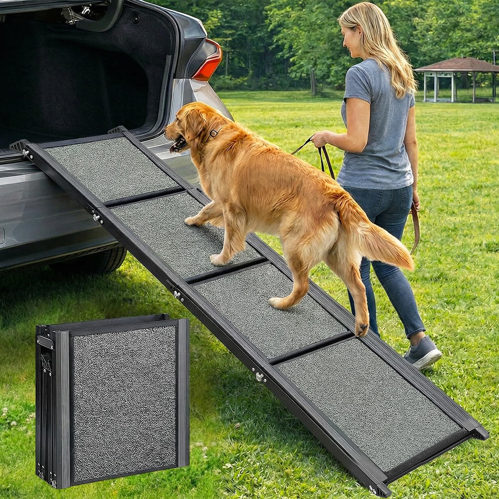 XCETSDR dog ramp unfolded in car for easy loading