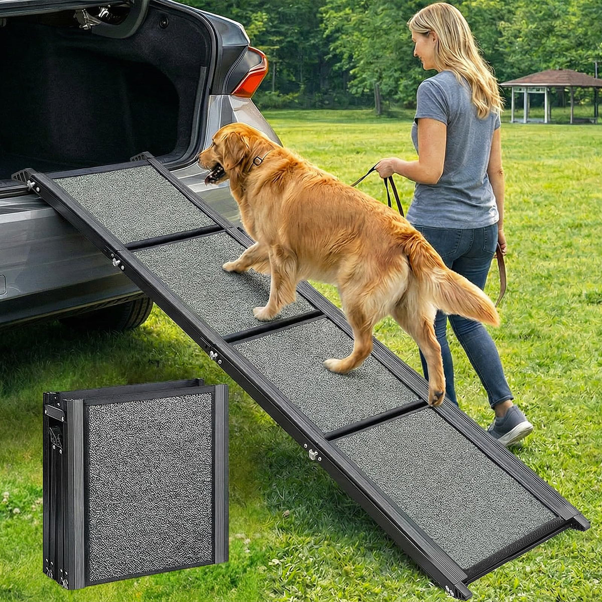XCETSDR dog ramp unfolded in car for easy loading