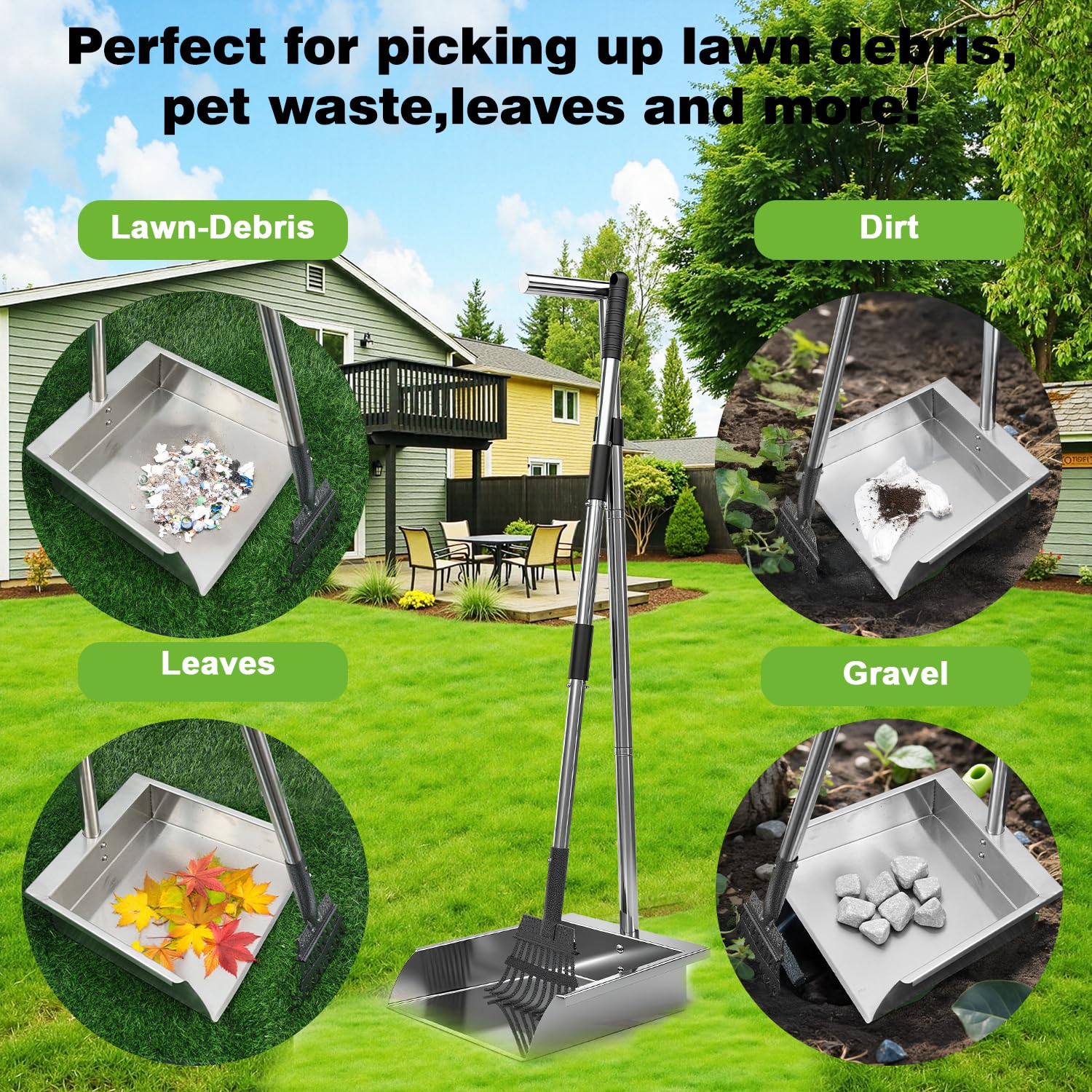 XDMURYM pooper scooper with a durable stainless steel tray for outdoor rust resistance.