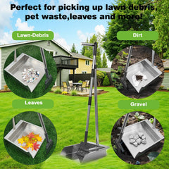 XDMURYM pooper scooper with a durable stainless steel tray for outdoor rust resistance.
