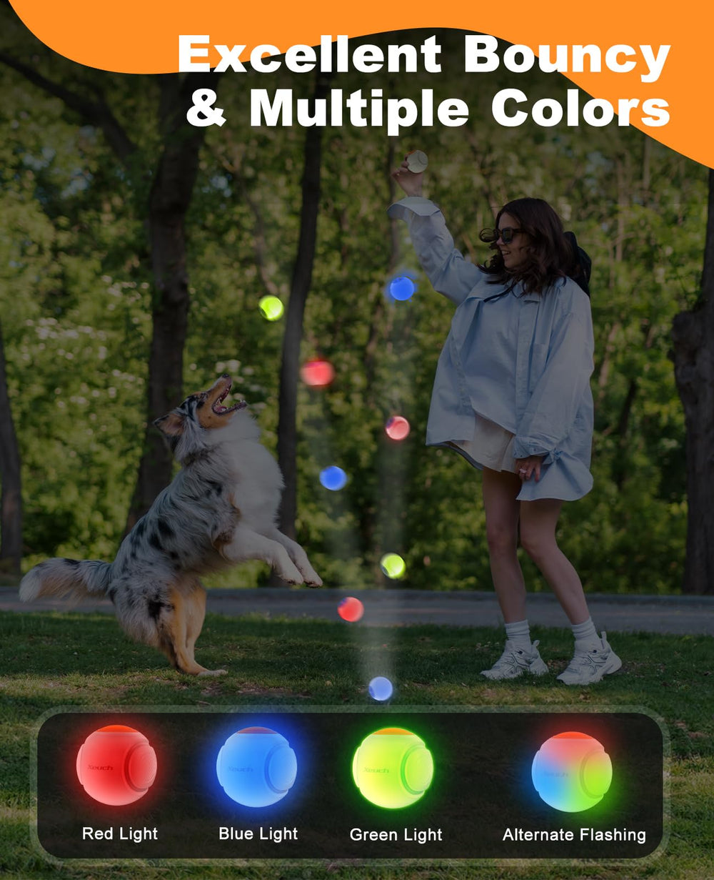 Xeuch LED dog ball glowing at night for easy pet visibility.