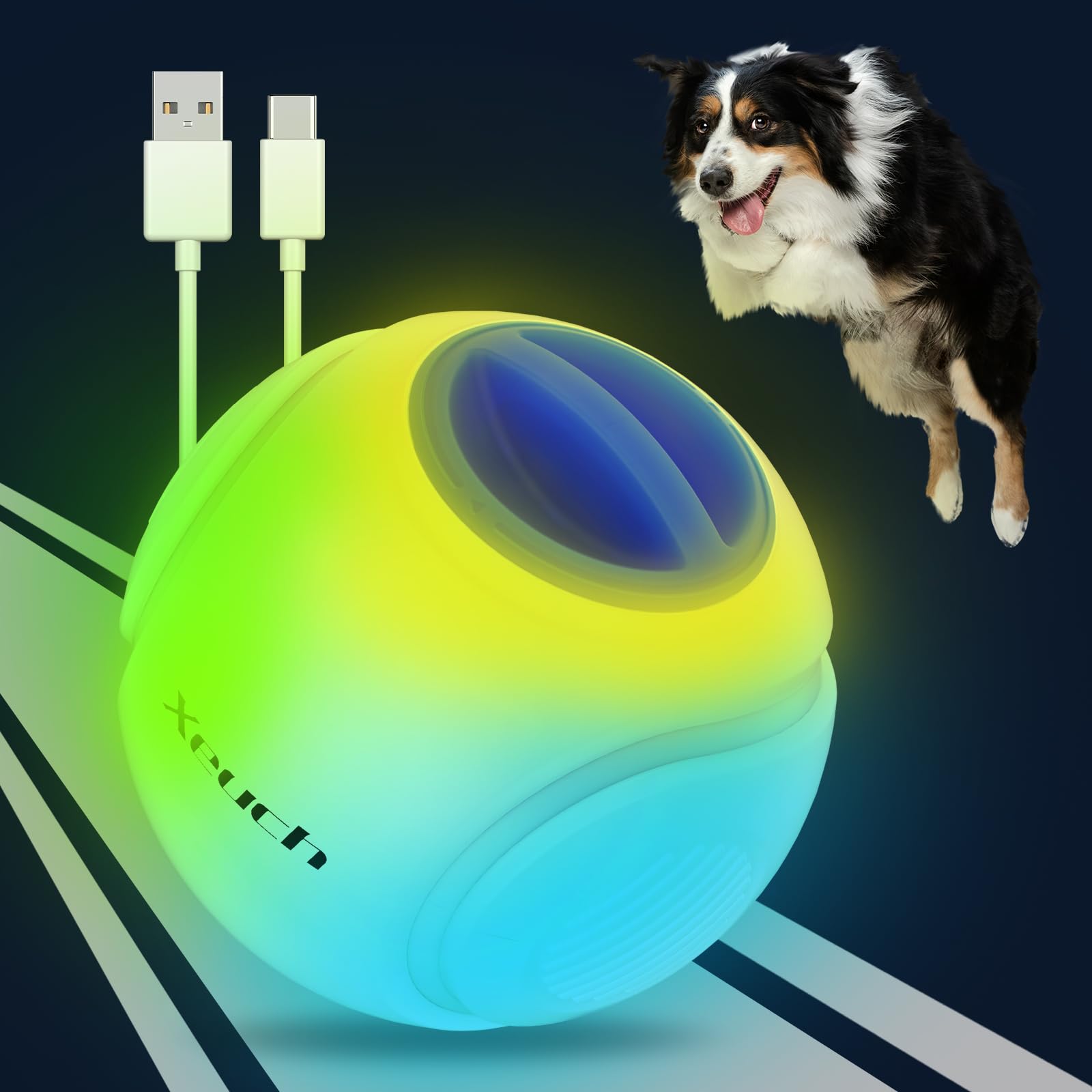 Xeuch light up dog ball glows blue for easy night fetch.