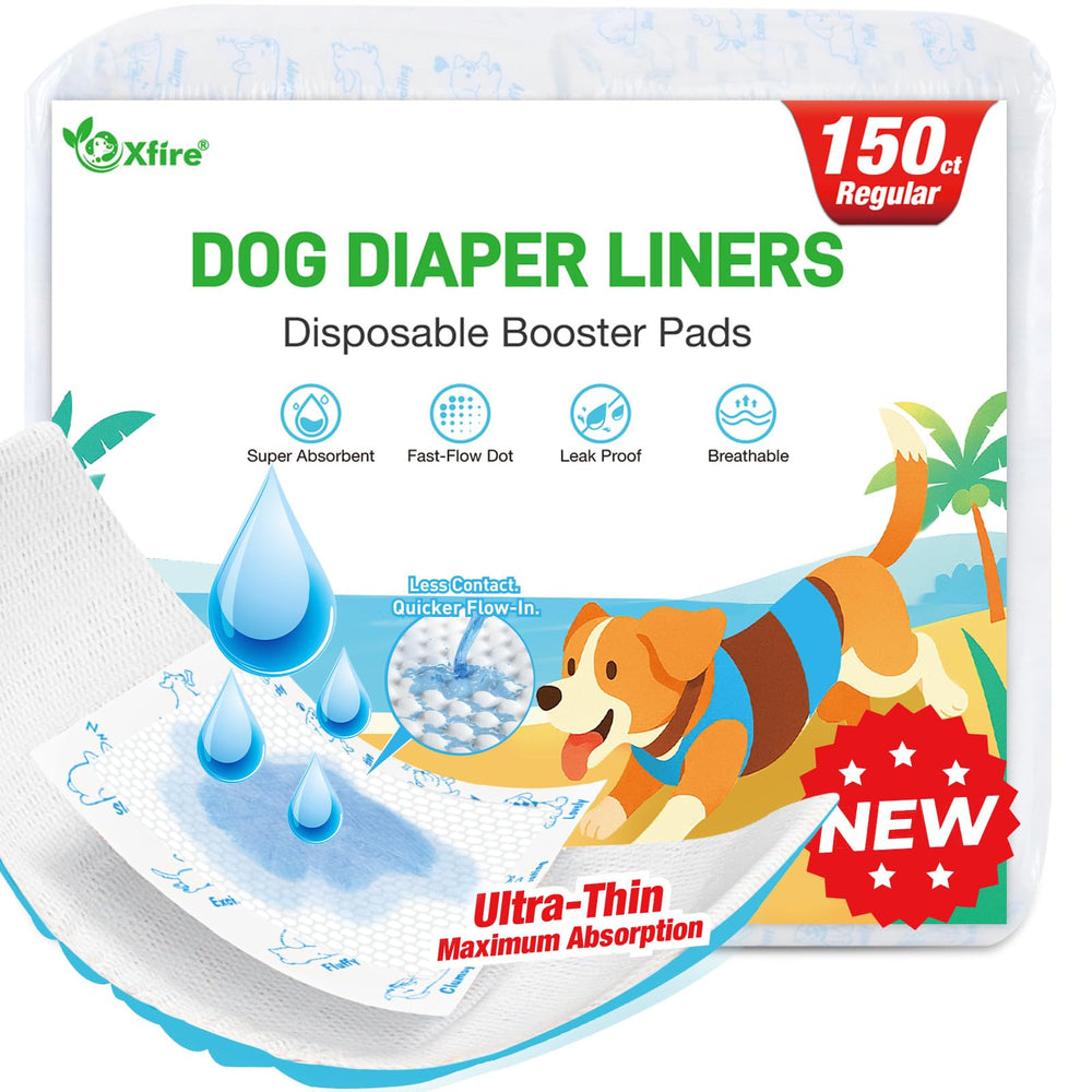 Xfire dog diaper liners 150ct front view shows ultra-thin, absorbent core for leaks