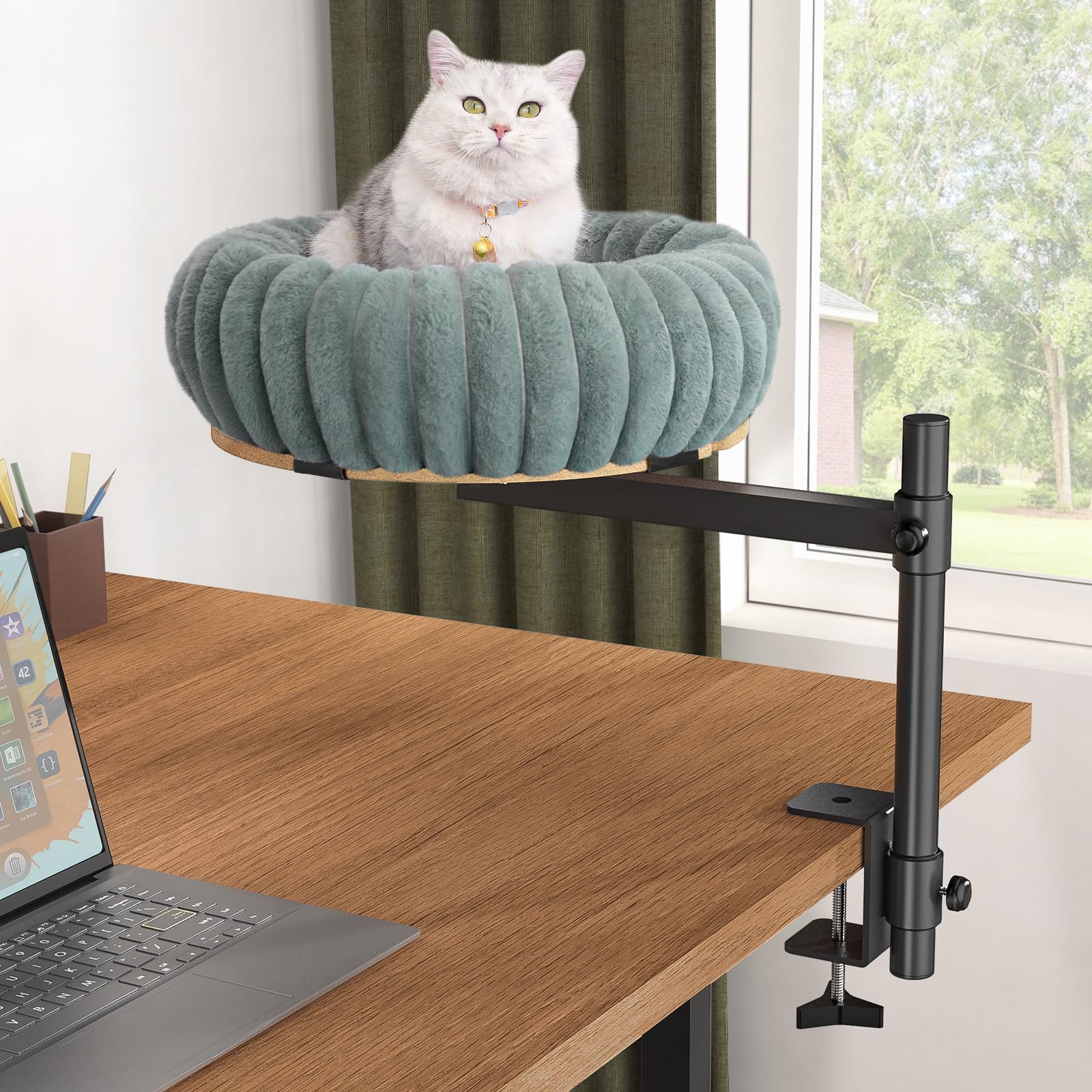 XiaZ cat desk bed with rotating perch provides better visibility for your cat while you work.