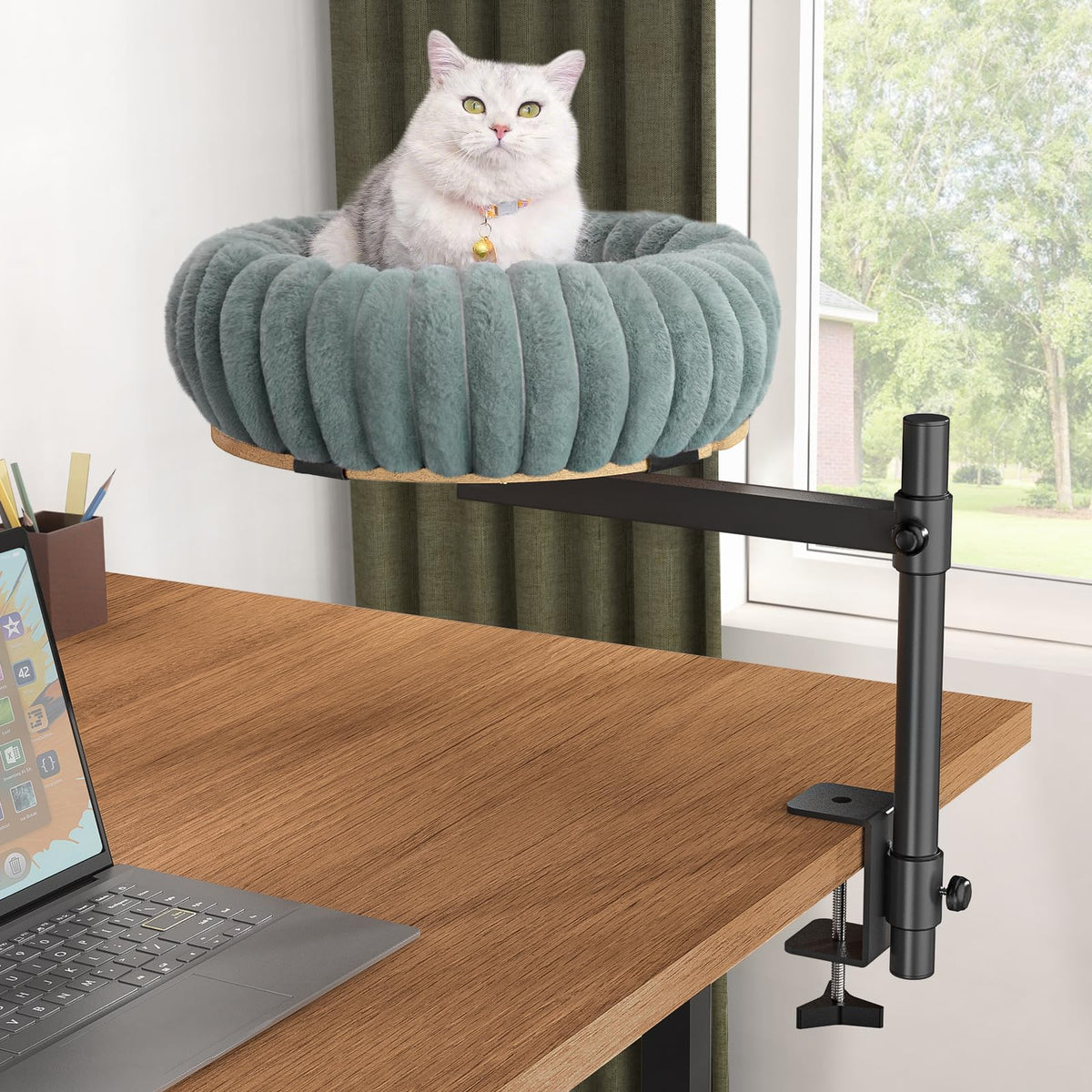 XiaZ cat desk bed with rotating perch provides better visibility for your cat while you work.