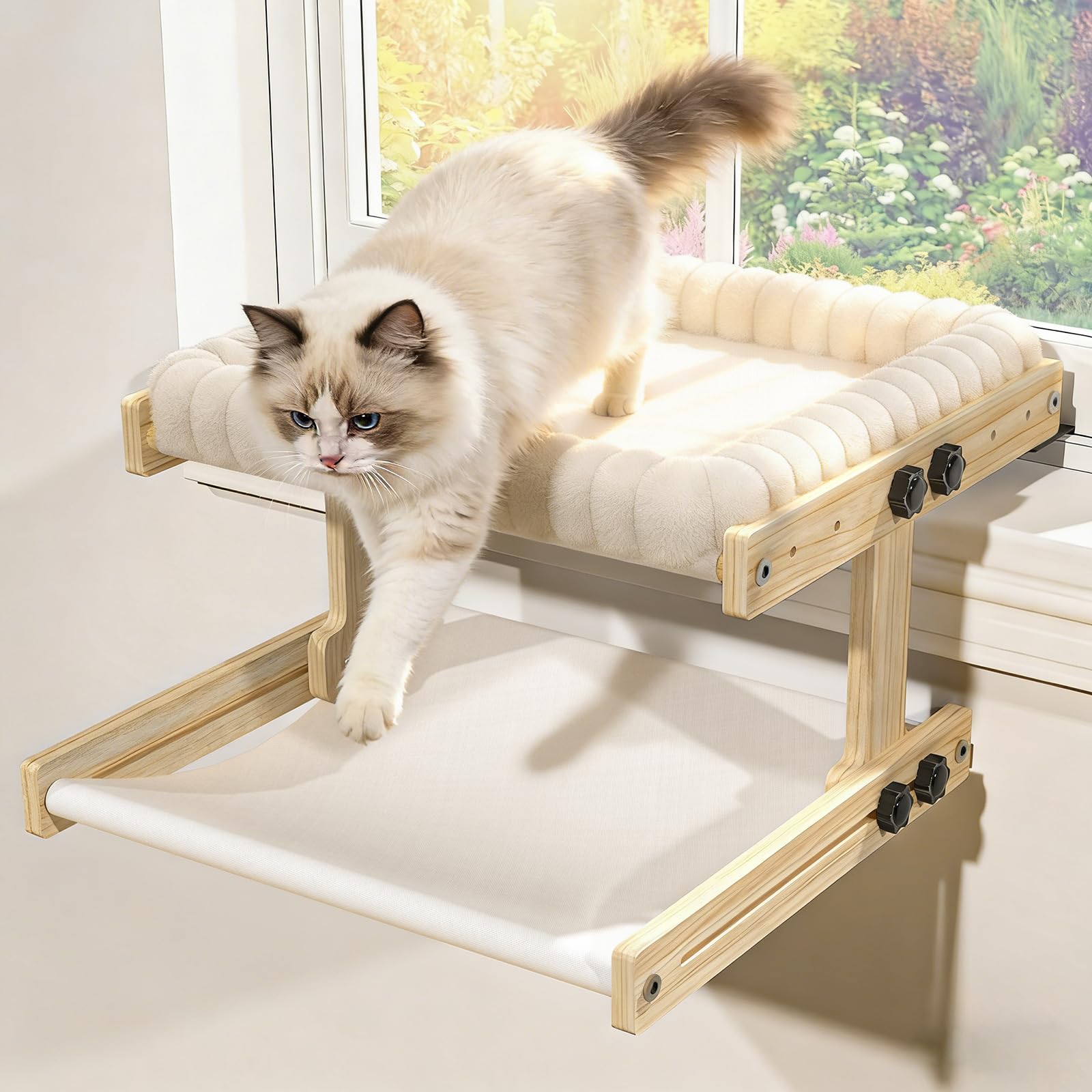XiaZ cat window perch wooden frame shows sturdy base for lounging.