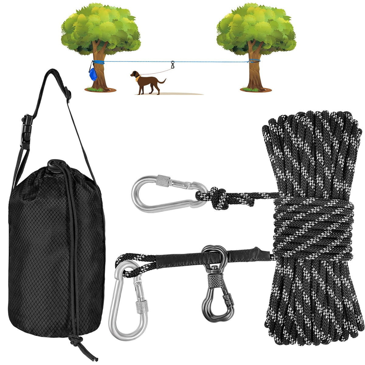XiaZ dog camping leash 50ft cable enables spacious outdoor exploration.