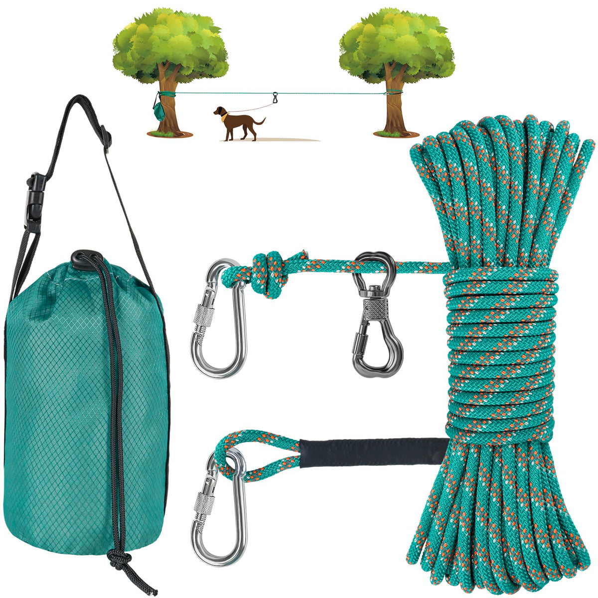 XiaZ 50ft dog tie out cable ready for backyard use, with reflective rope