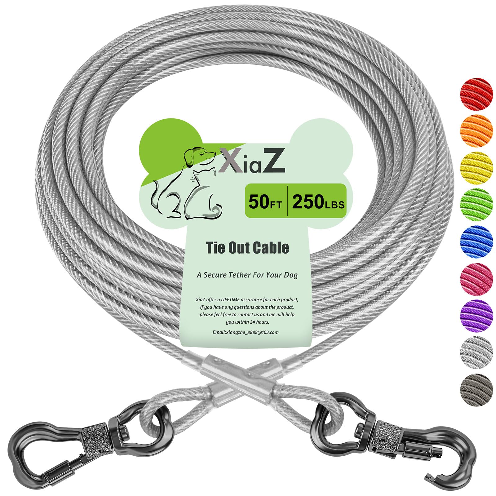 XiaZ 50ft silver dog tie-out cable showing strong outdoor containment and freedom