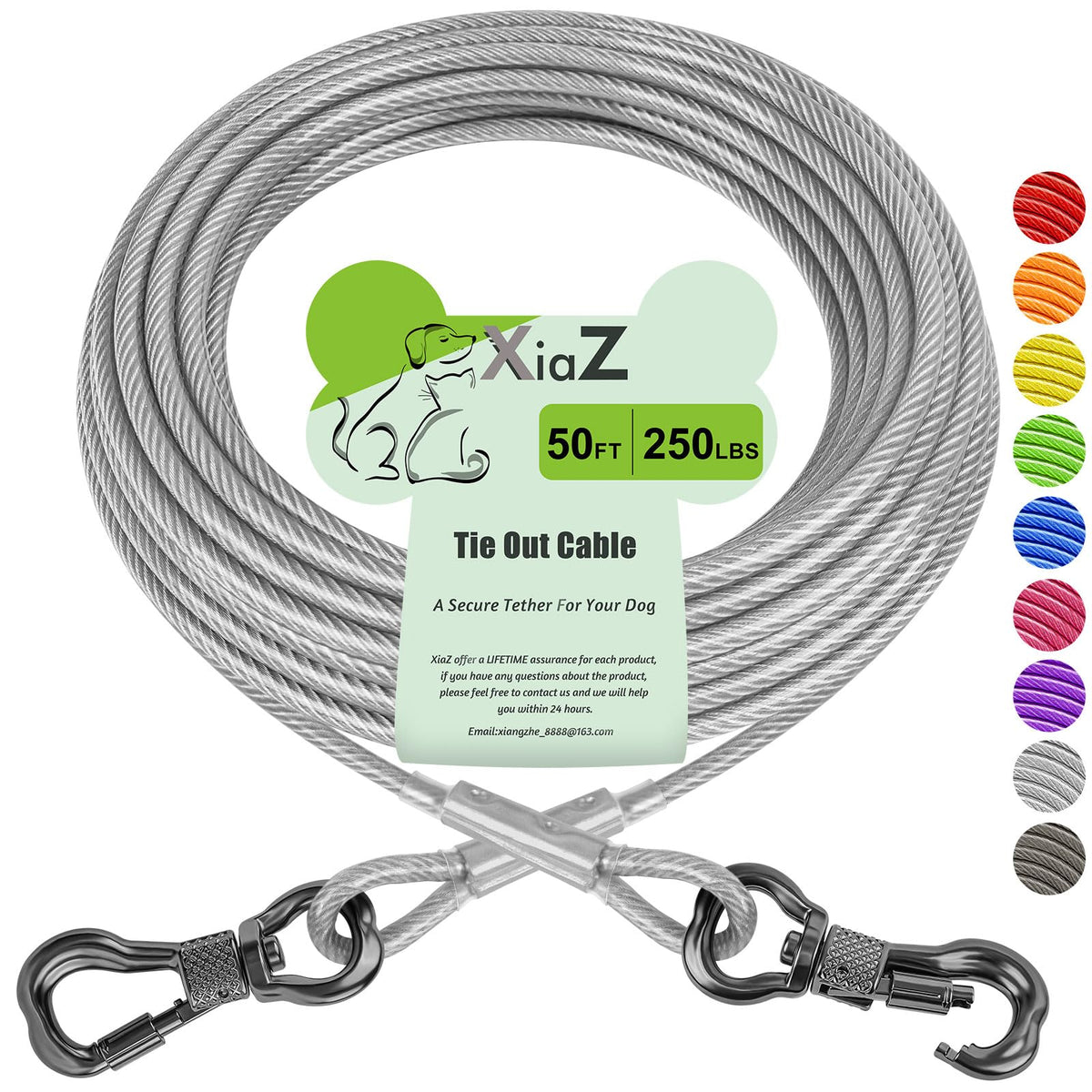 XiaZ 50ft silver dog tie-out cable showing strong outdoor containment and freedom