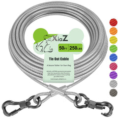 XiaZ 50ft silver dog tie-out cable showing strong outdoor containment and freedom