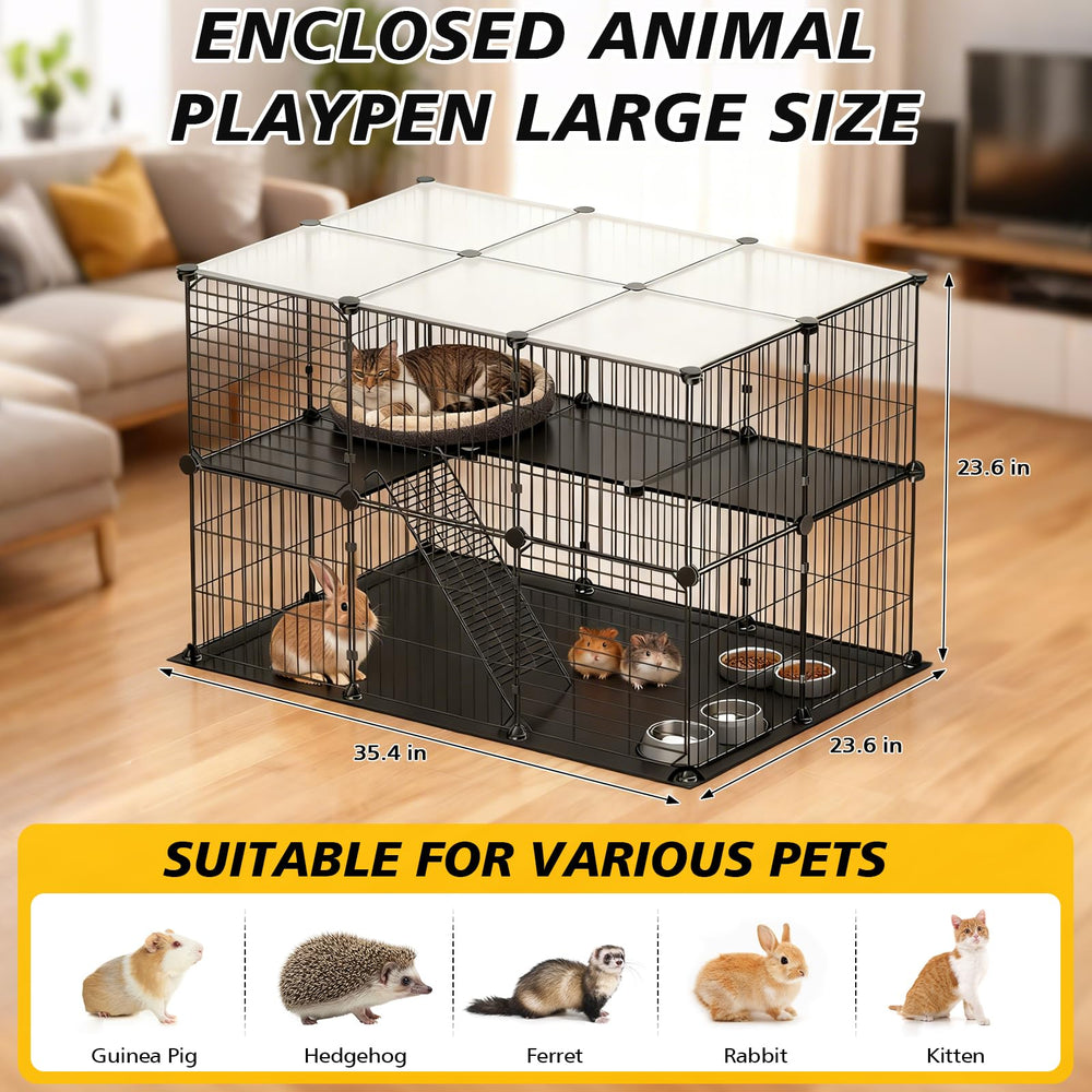 Two-level design creates resting and exploring zones for small pets