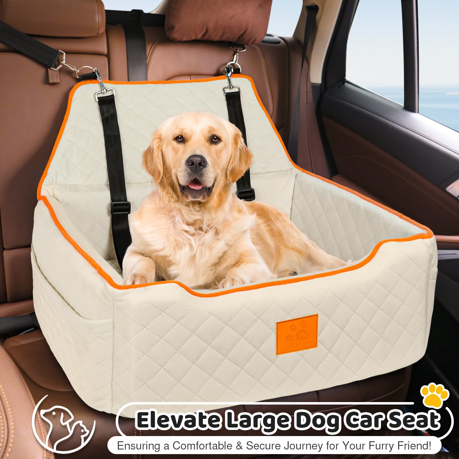 XIEEAZEE dog car seat beige fabric for warmth and durability.