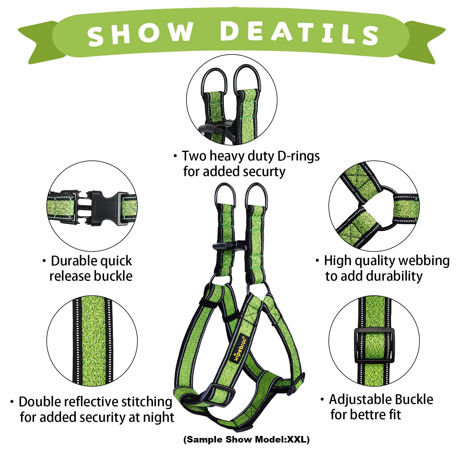 Xipebros no-pull harness green XXL chest-strap close-up for secure fit
