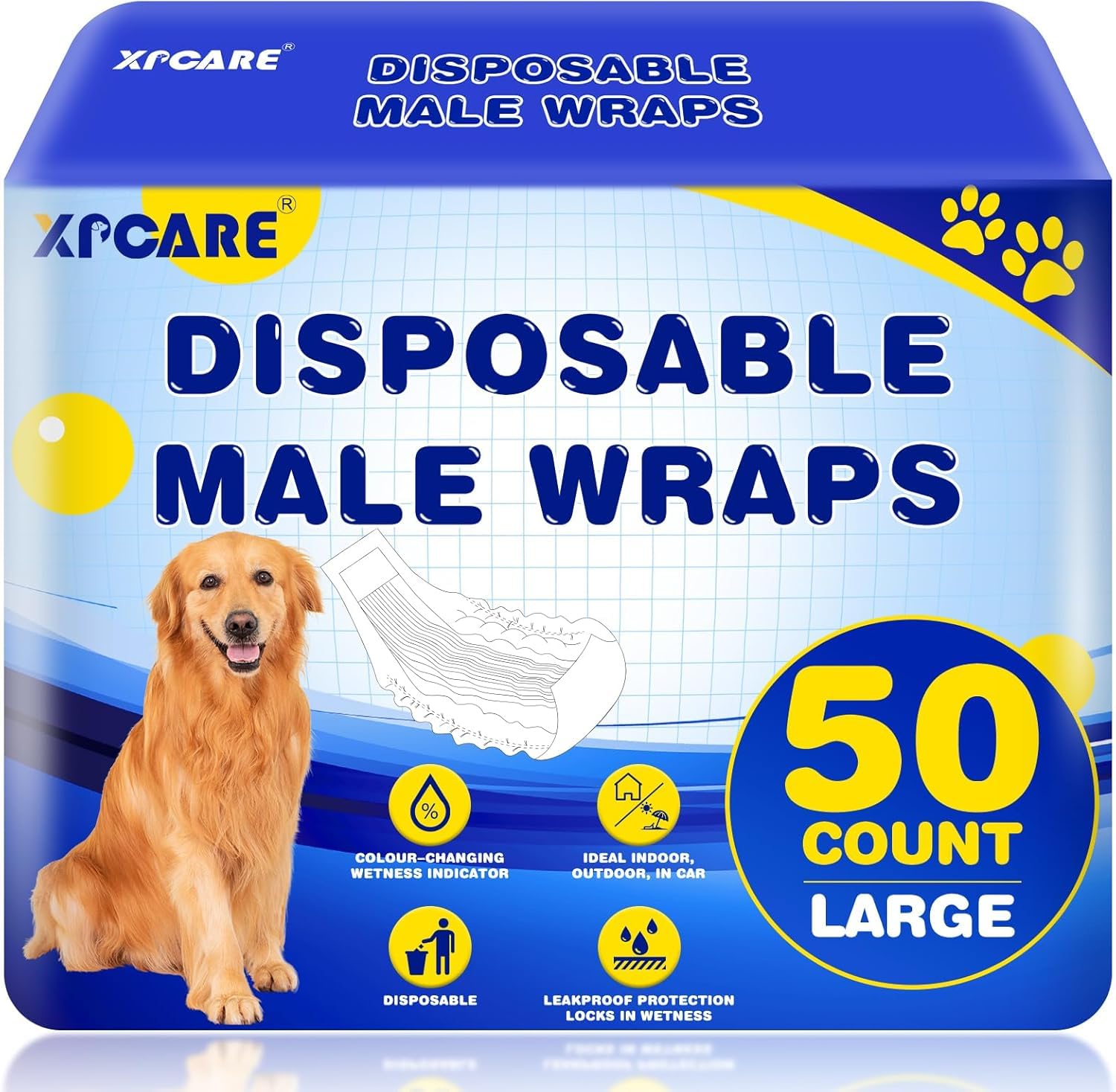 XPCARE disposable male dog diapers in packaging, ready for large dogs to protect furniture.