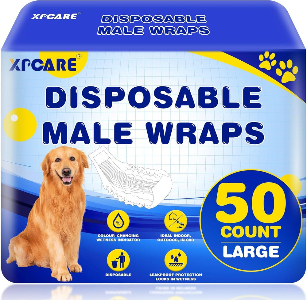 XPCARE disposable male dog diapers in packaging, ready for large dogs to protect furniture.