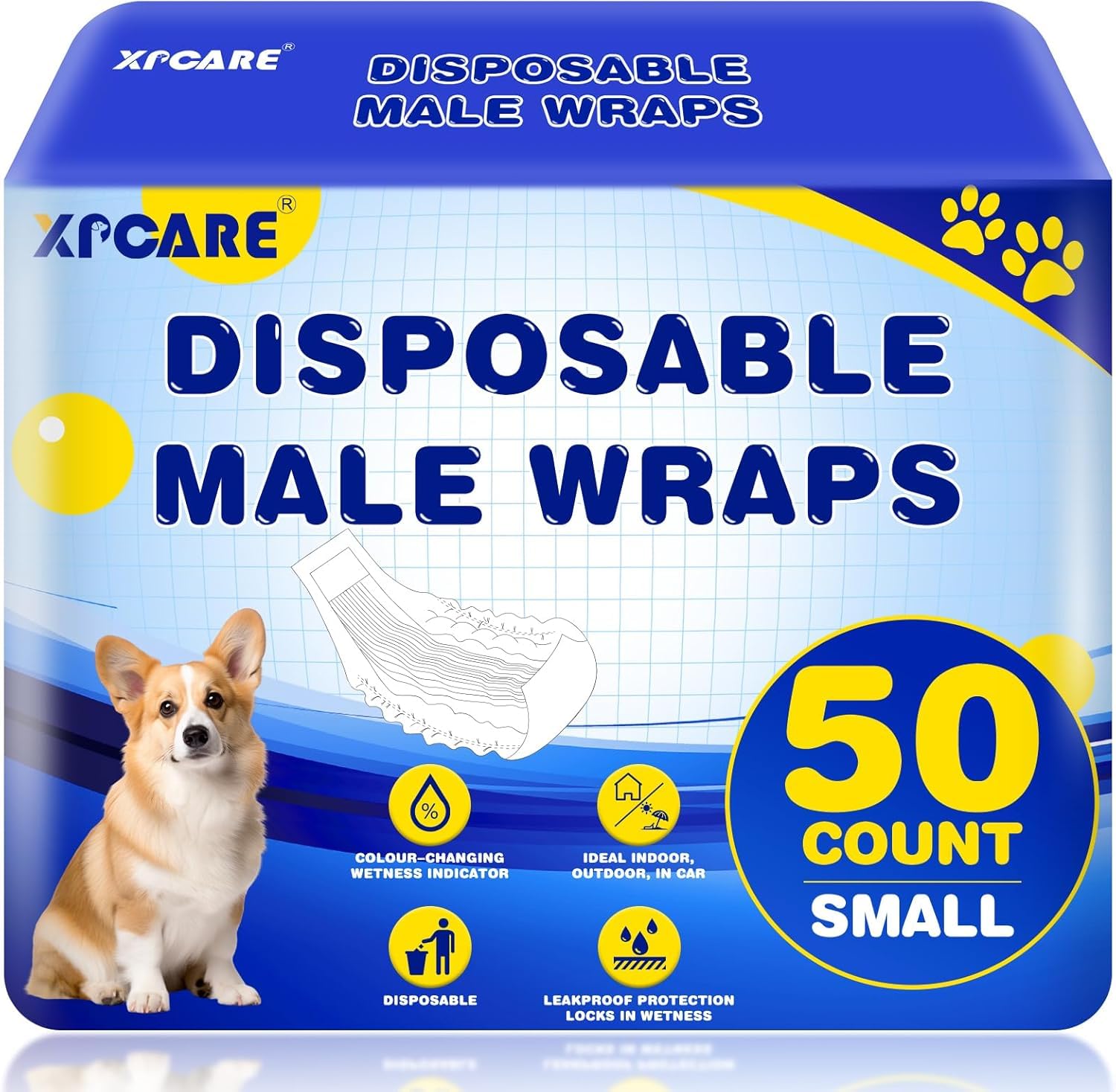 XPCARE disposable male dog diapers in a small pack for on-the-go protection.