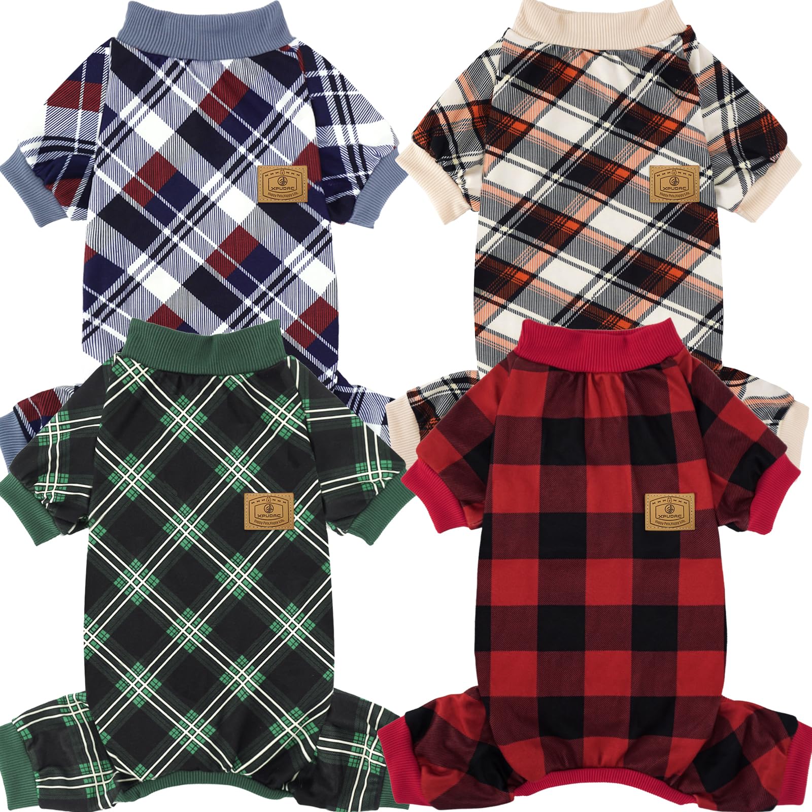 XPUDAC dog pajamas in plaid red and green for festive comfort and versatile wear.