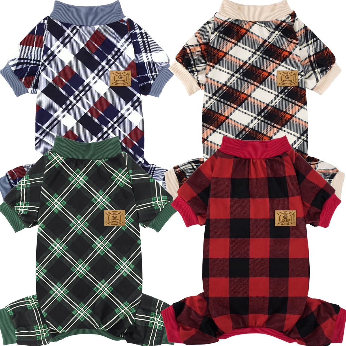 XPUDAC dog pajamas in plaid red and green for festive comfort and versatile wear.