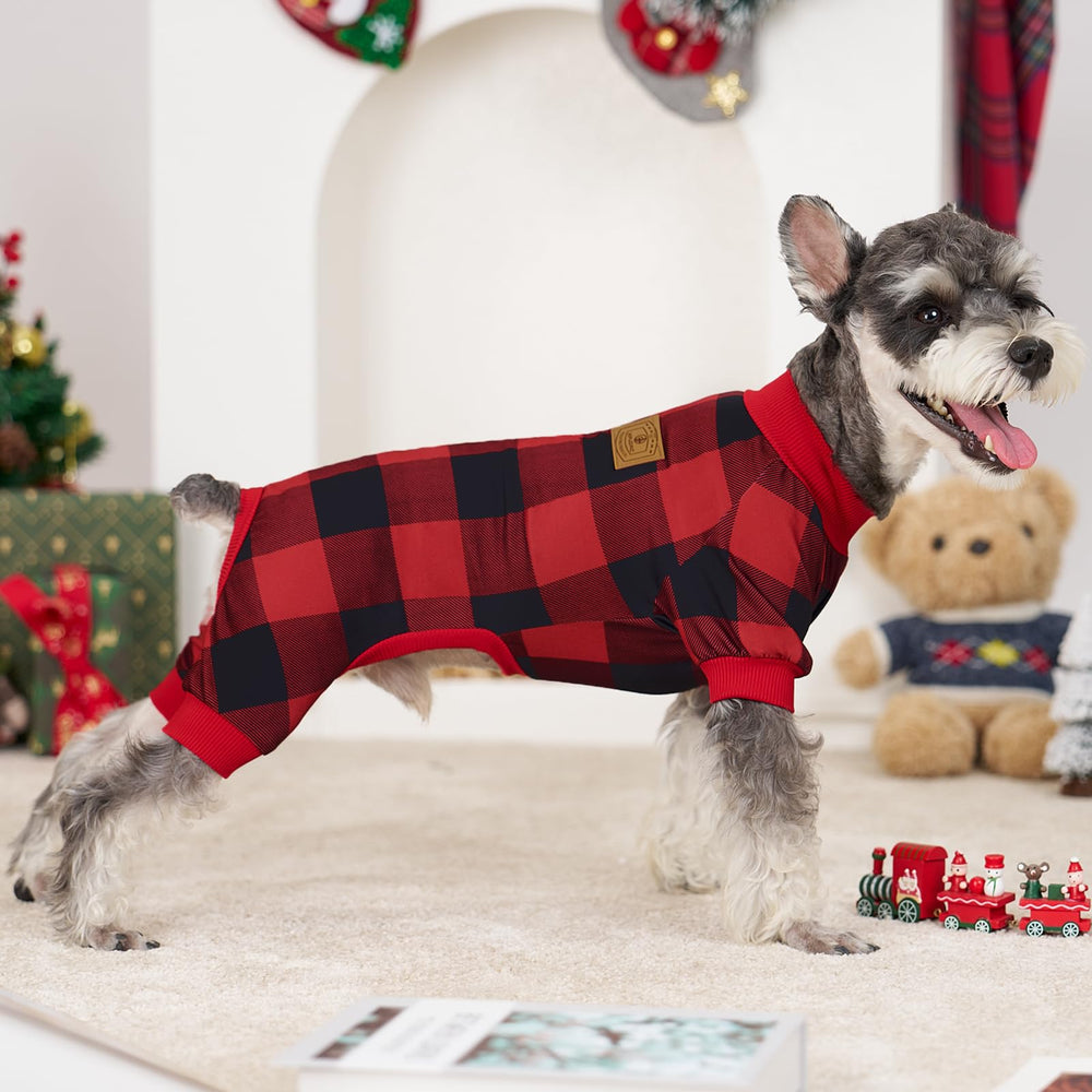 XPUDAC dog pajamas 4-pack showcased in plaid pattern for coordinated holiday outfits.