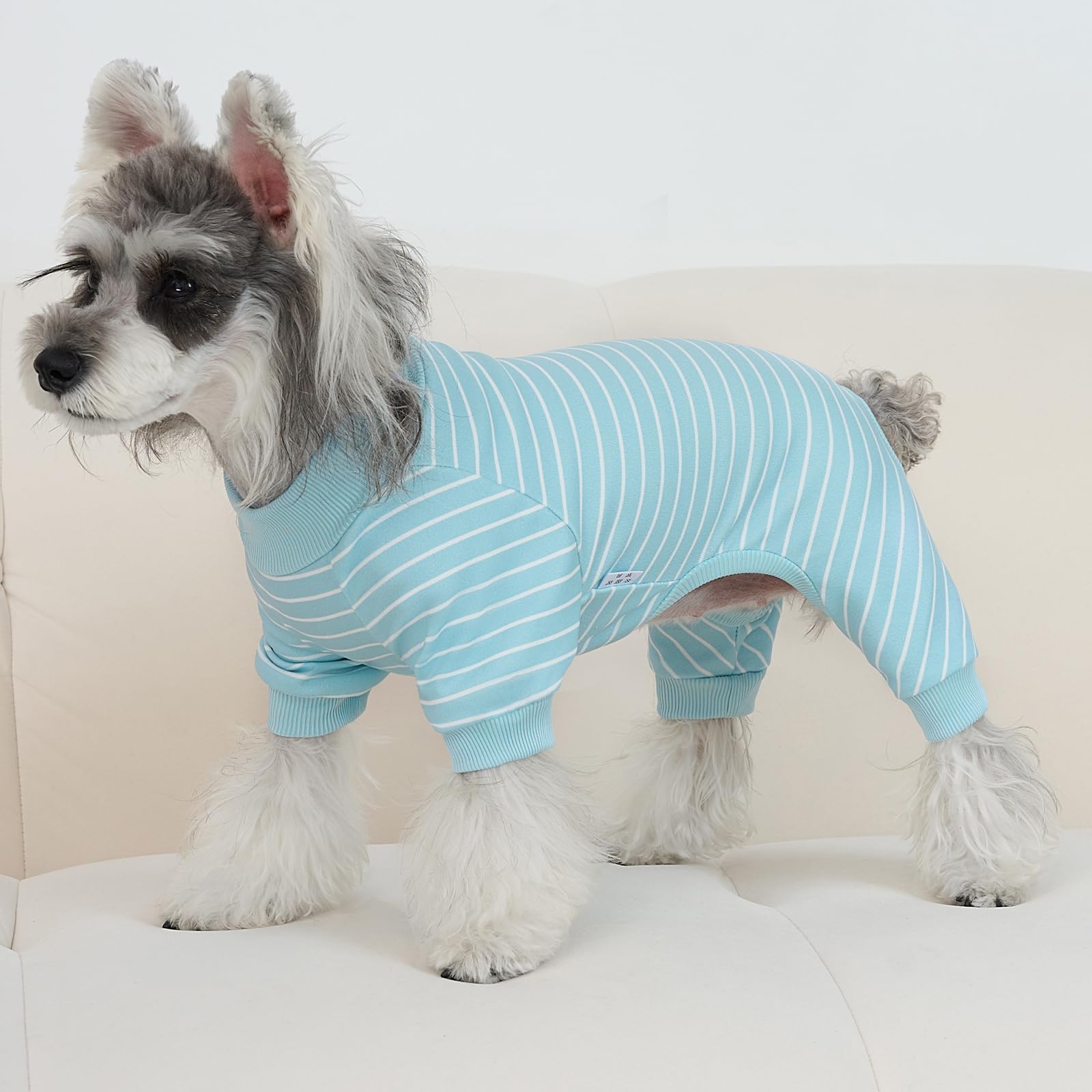 XPUDAC striped dog pajamas in green, breathable outfit for play and rest.