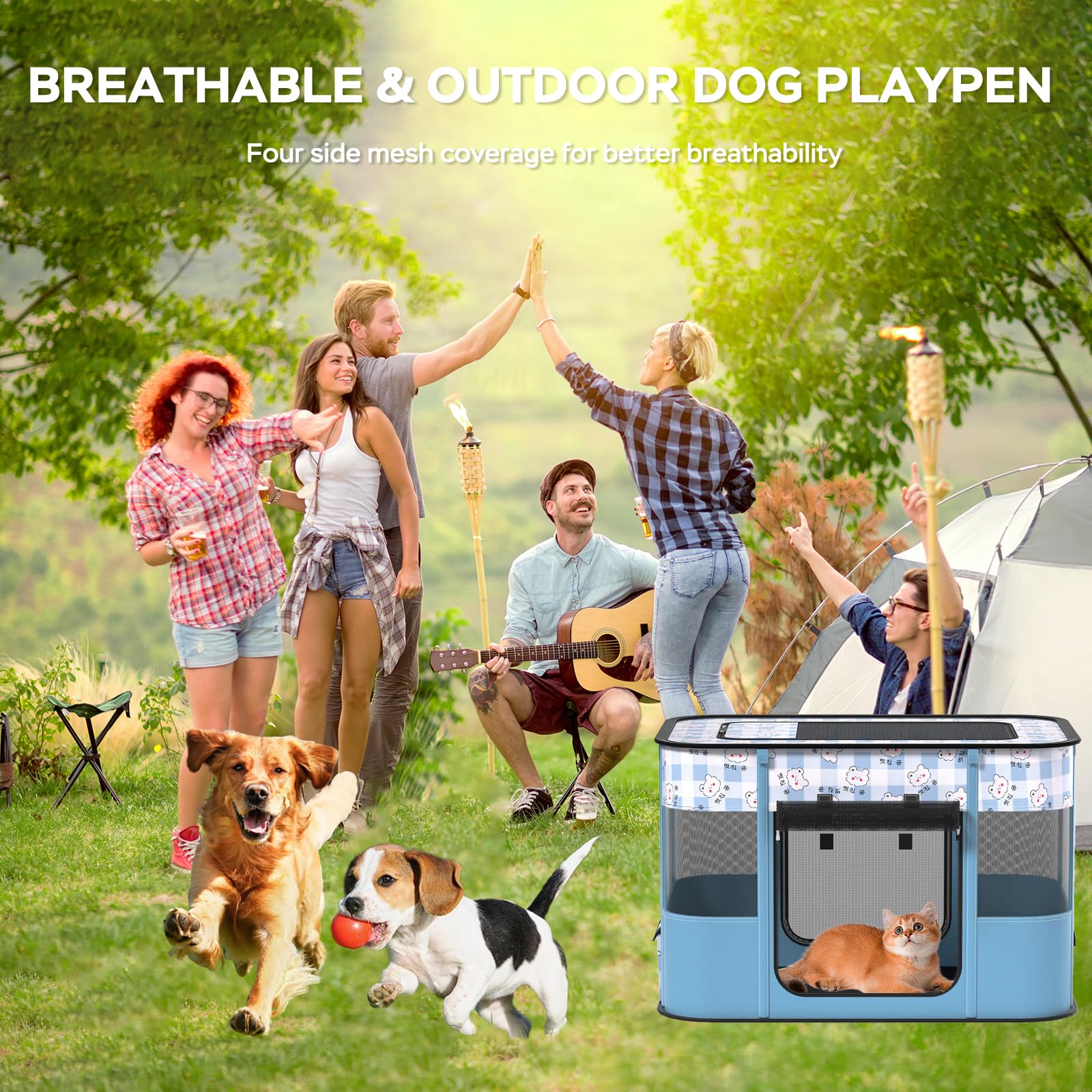 XRG portable pet playpen blue folded compactly for easy storage