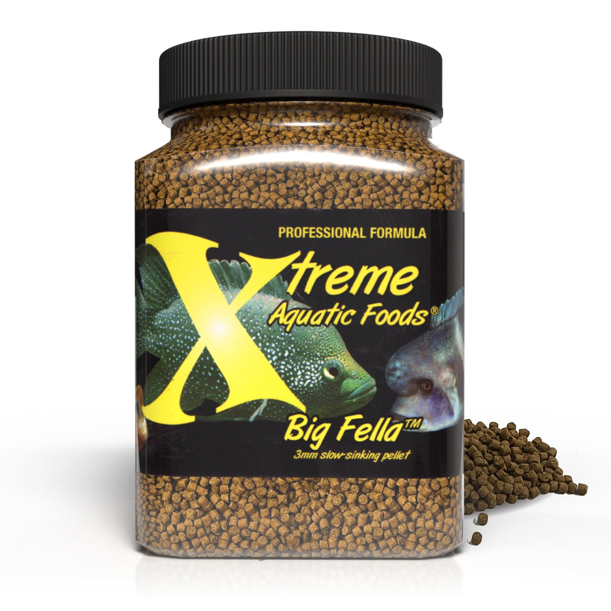 Xtreme Aquatic Foods Big Fella 3.0mm pellets in bottle front nourish large fish.