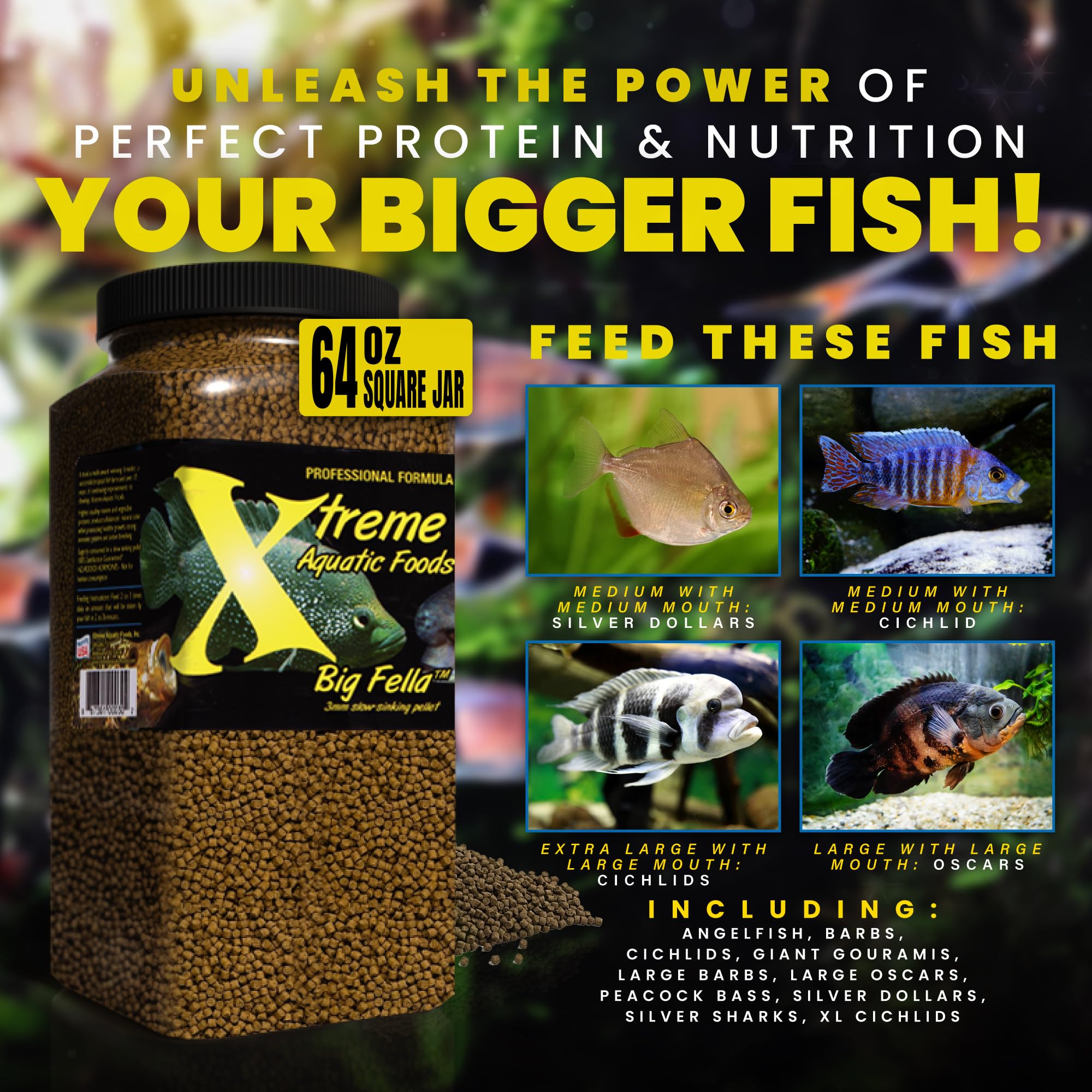 XTreme Aquatic Foods Big Fella 3mm pellets on a cichlid mouth close-up