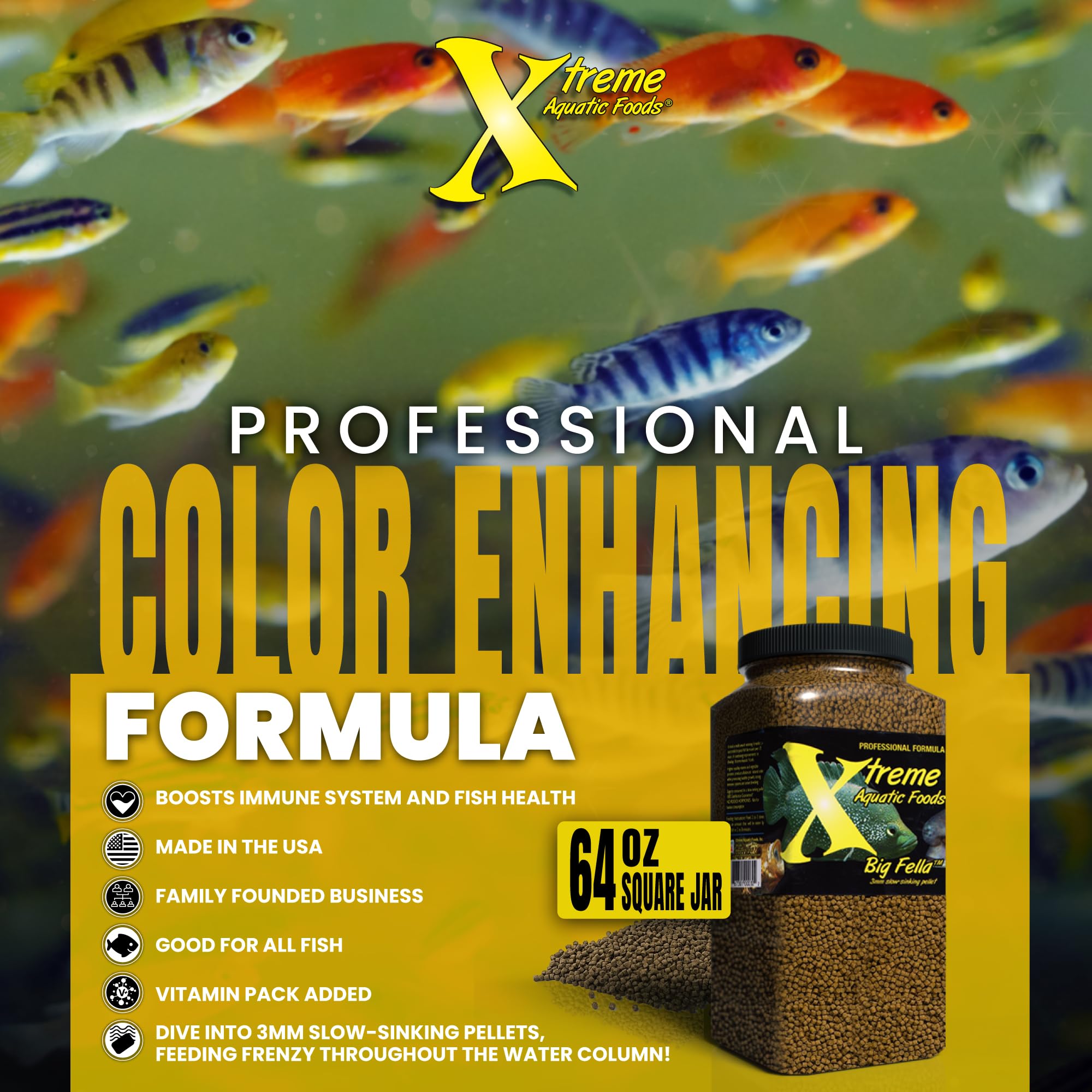 XTreme Aquatic Foods Big Fella 3mm pellets USA-made label visible