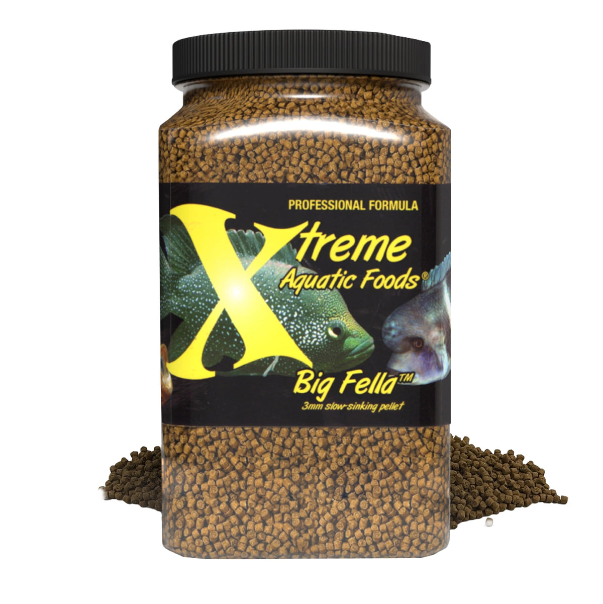 Xtreme Aquatic Foods Big Fella 3mm pellets in feeding dish; protein-rich for large cichlids.