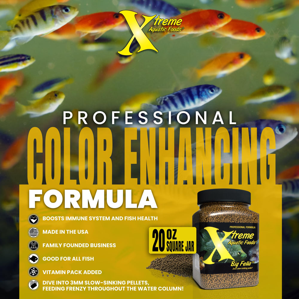 Xtreme Aquatic Foods Big Fella USA-made label emphasizes purity.