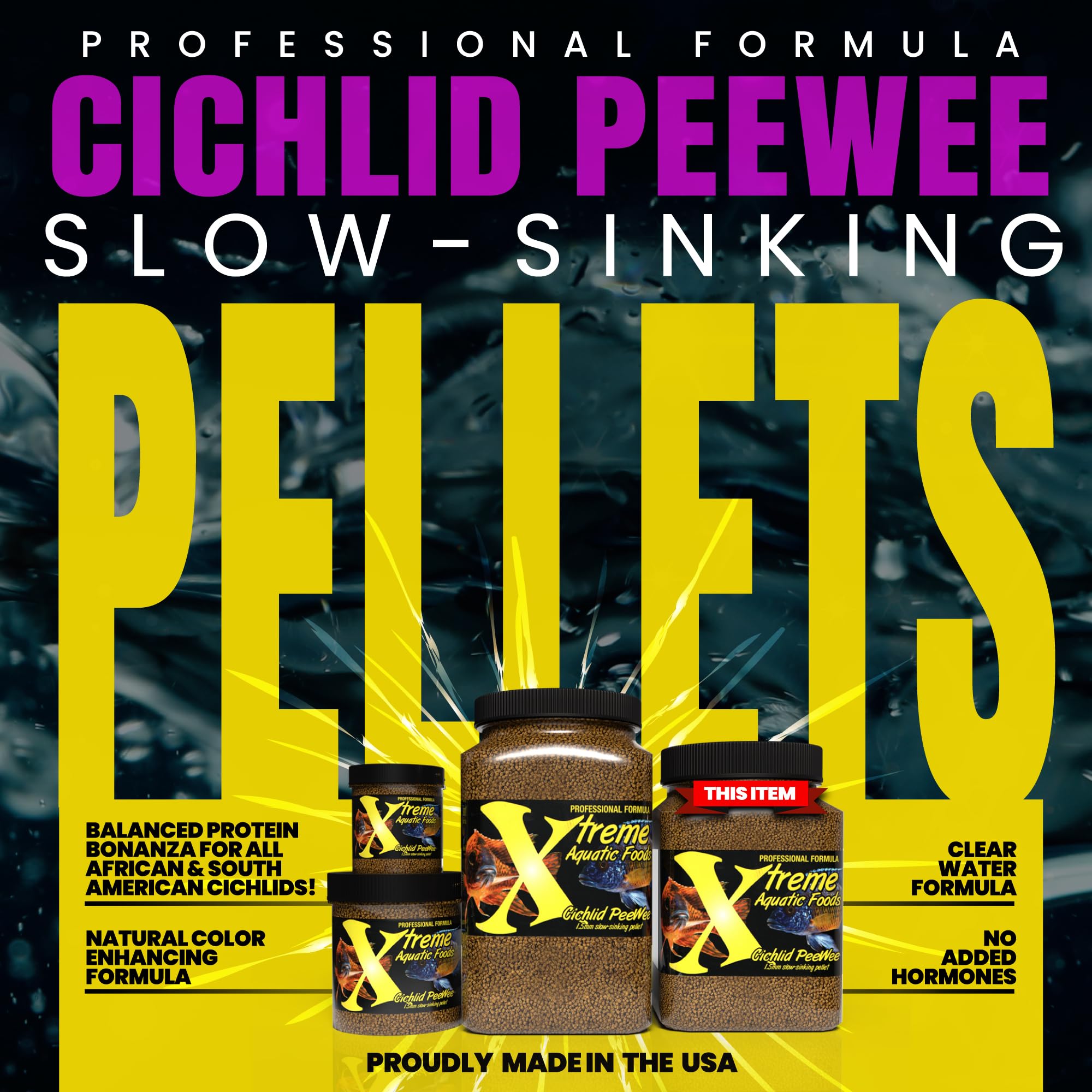 Closeup of Xtreme Cichlid PeeWee pellets emphasizing protein blend for color and vitality